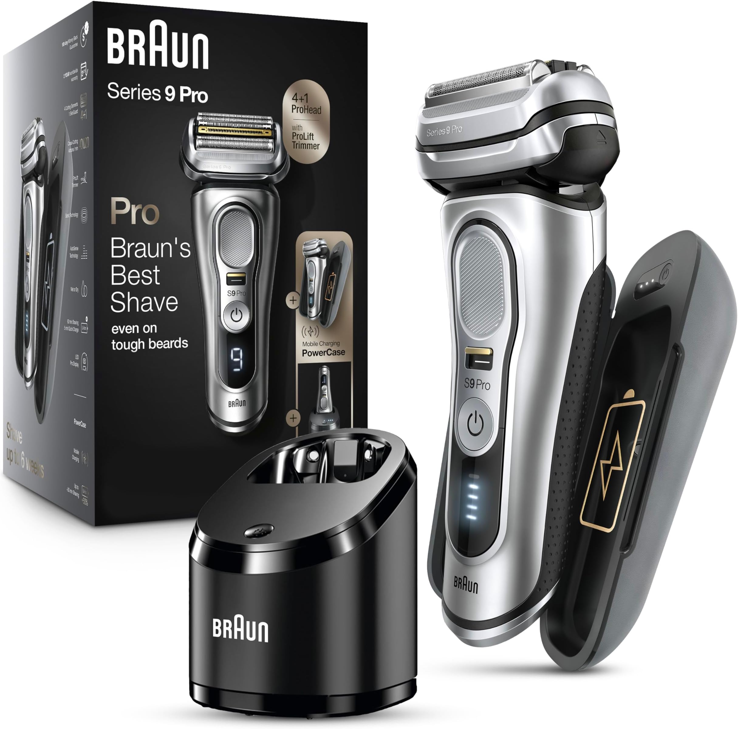 Electric Razor for Men, Waterproof Foil Shaver, Series 9 Pro 9477cc, Wet & Dry Shave, with Portable Charging Case, ProLift Beard Trimmer, 5-in-1 Cleaning & Charging SmartCare Center, Silver