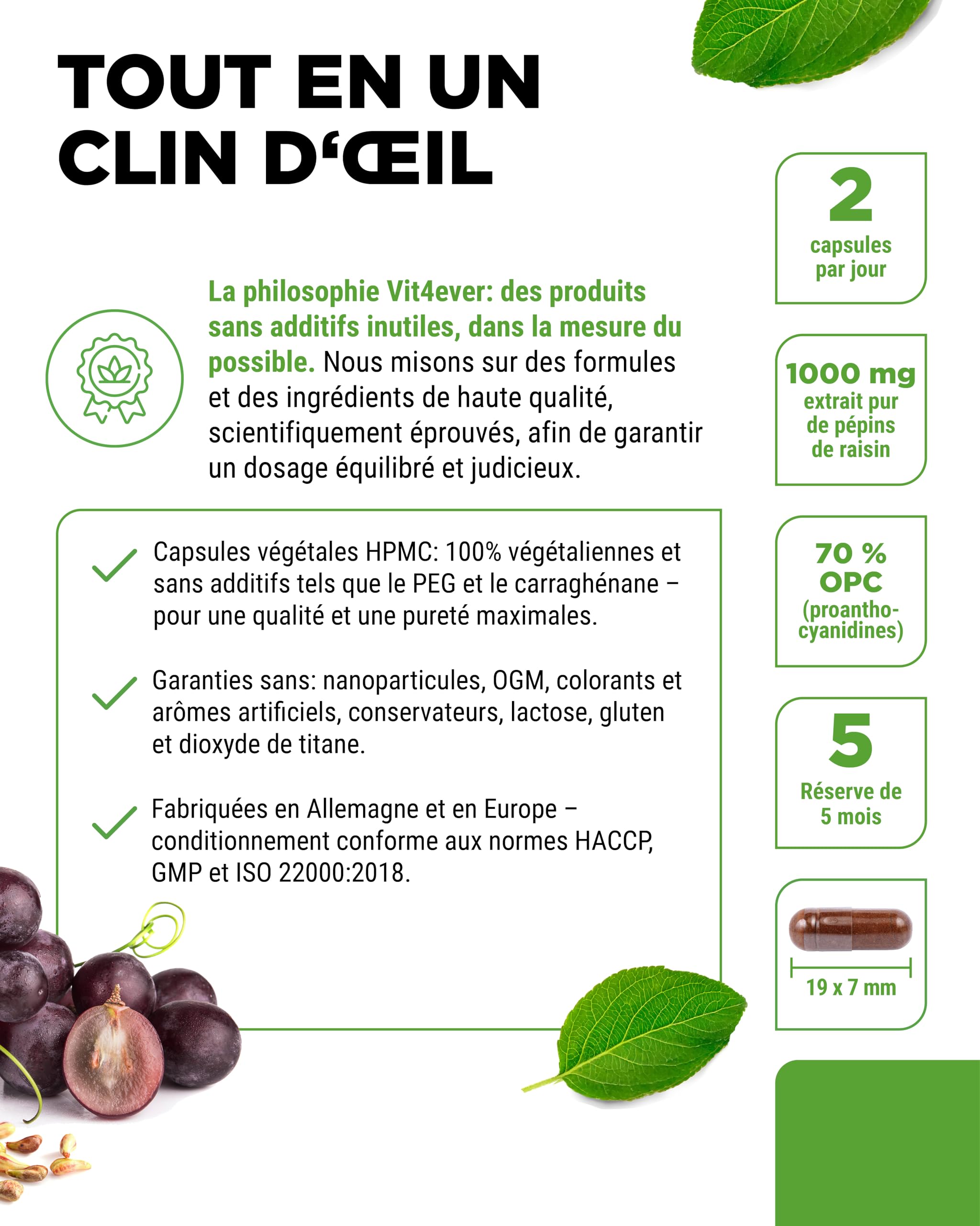 vit4ever OPC Extrait de Pépins de Raisin – 300 capsules – 1000 mg d’Extrait avec 700 mg d’OPC – Teneur la Plus Élevée selon HPLC – Issu de Raisins Européens – Végane – Hautement Dosé