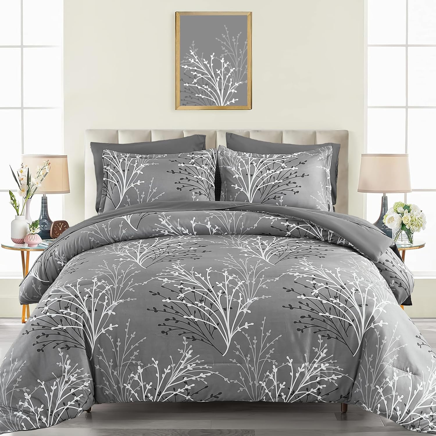 DJY Gray Comforter Set King Size Branch Botanical Bed in a Bag 3 Piece Grey Floral Comforter - Soft Microfiber