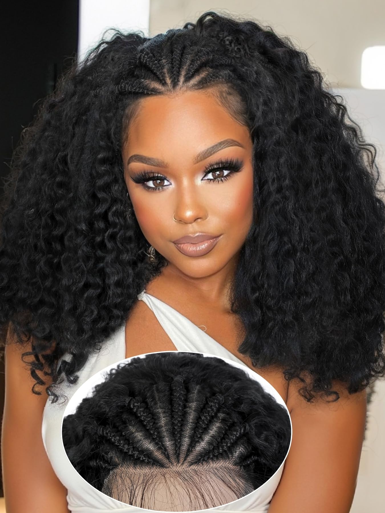 Fancy Hair Braided 13x4 Lace front Wigs with Baby Hair Cornrows with Kinky Curly Hair Wigs for Black Women 18 Inch Pre Plucked HD Lace Frontal Deep
