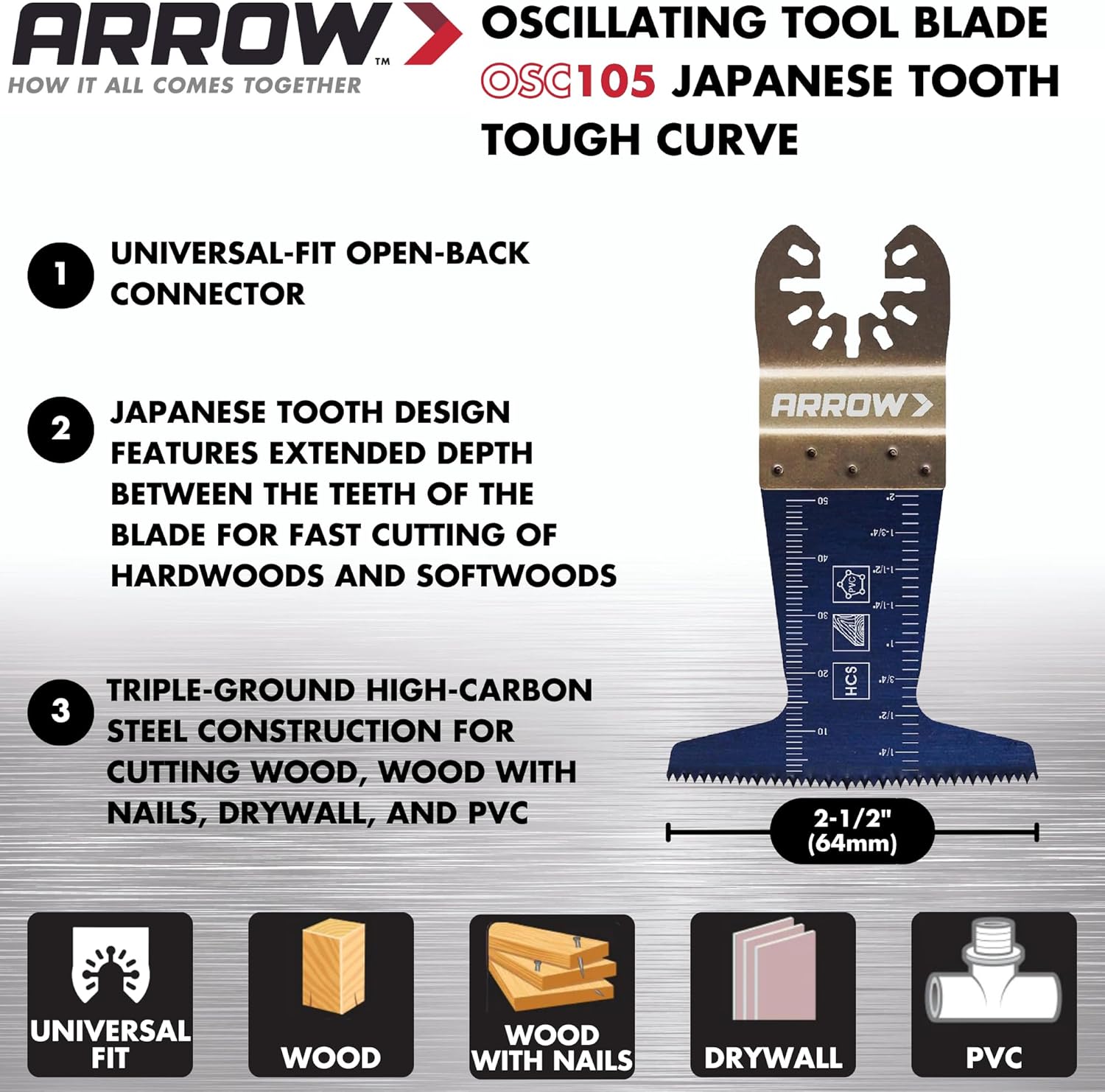 The Arrow OSC105-10 Japanese Tooth Tough Curve Wood Oscillating Tool Blade for Hardwood, PVC, Drywall, Universal, Fits Most Multitools, 2-1/2 inch, 10-Pack