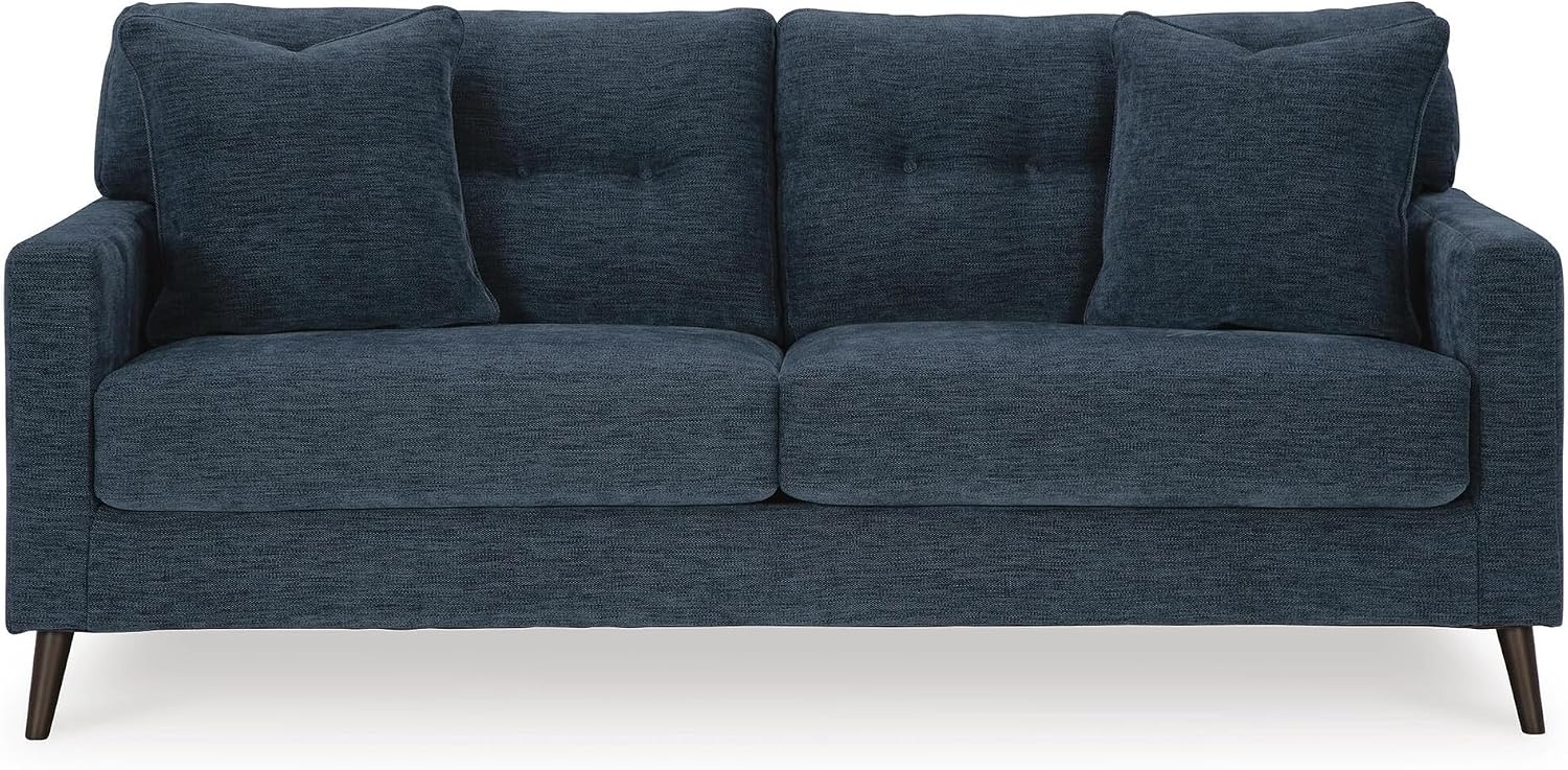 Signature Design by Ashley 79-in Navy Blue Sofa Couch for Living Room | No assembly required, Easy 32-in minimum doorway clearance, 20000 cycle testing resists sagging, Brown tapered legs, Bixler
