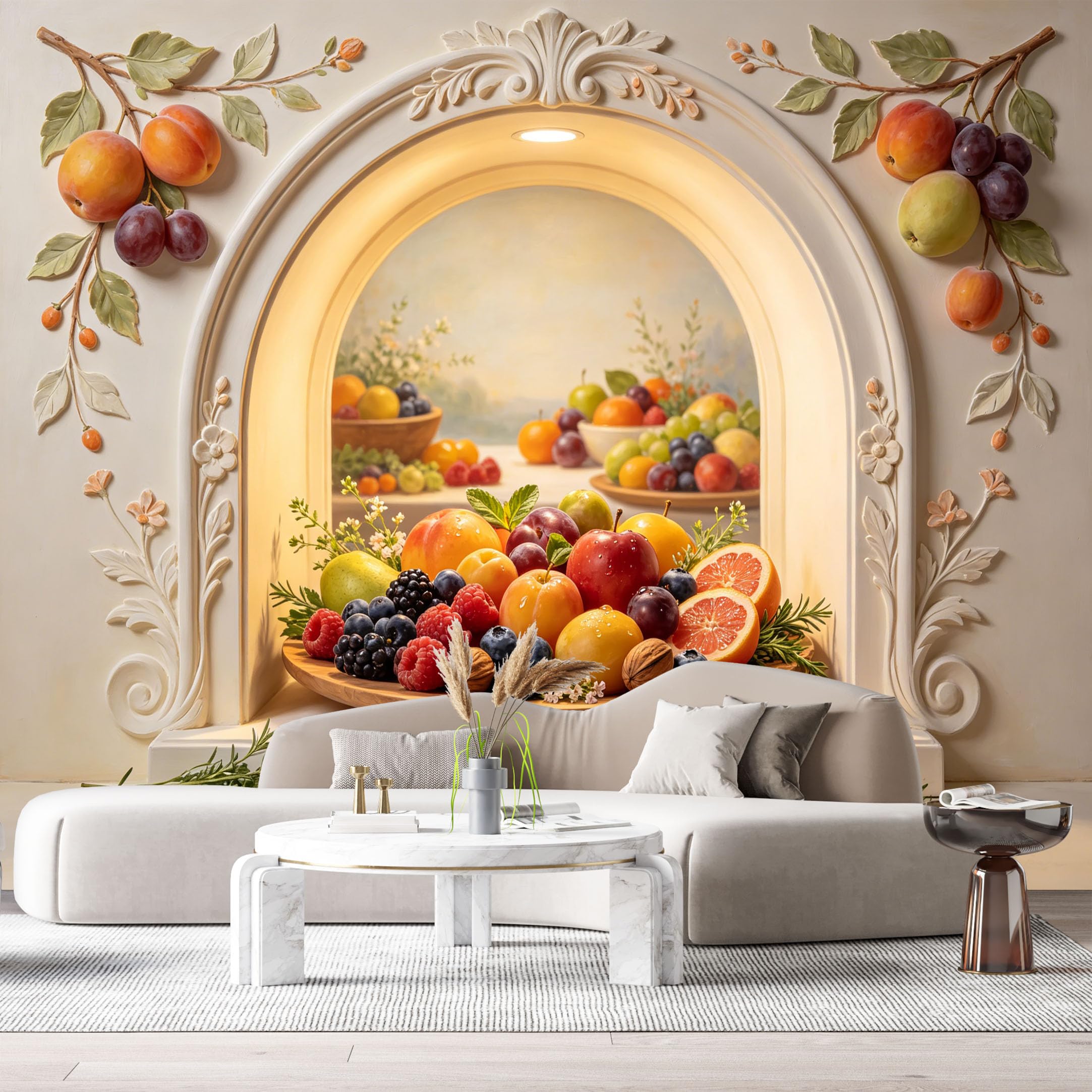 Custom Size Wall Murals Still Life Fruit Platter Archway 3D Trompe L'Oeil SelfAdhesiveWall Fabric Removable Wallpaper Wall Decor for Living Room Bedroom Bathroom
