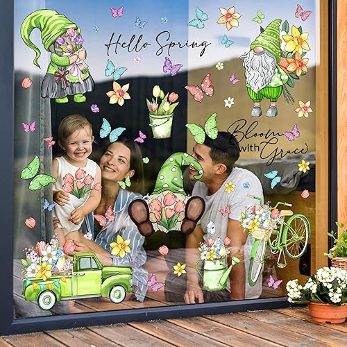 Miniatura 4 de Whaline 106 calcomanías de PVC reutilizables para ventana de primavera, acuarela, gnomo, mariposa, flores, calcomanías de PVC reutilizables para el