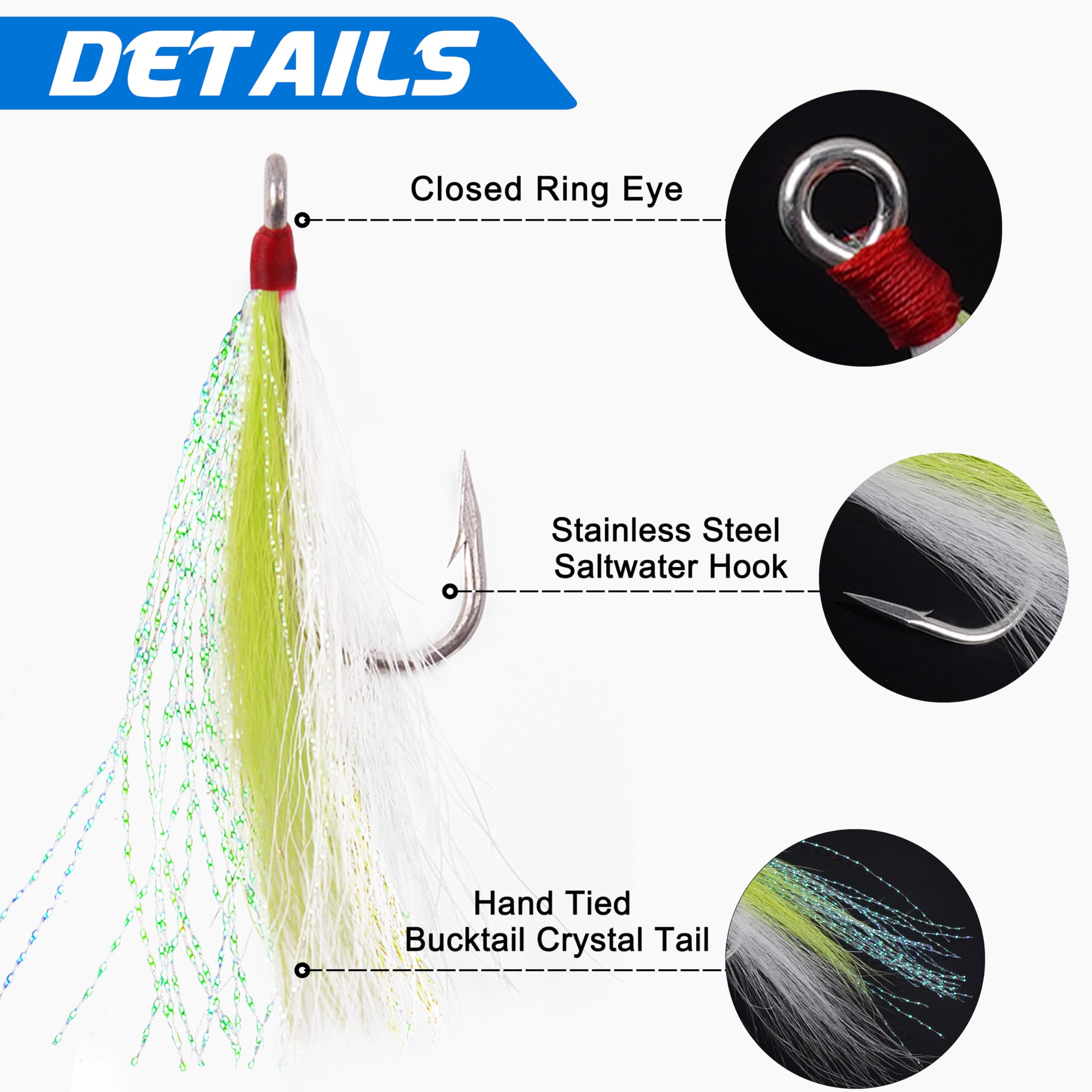 Fishing Bucktail Teasers Hooks Saltwater Flounder Rigs Bottom Rigs Stainless Steel Hook Bucktail Mylar Flash Teasers for Snapper Catfish Cod Flounder Hi-Lo Rigs White