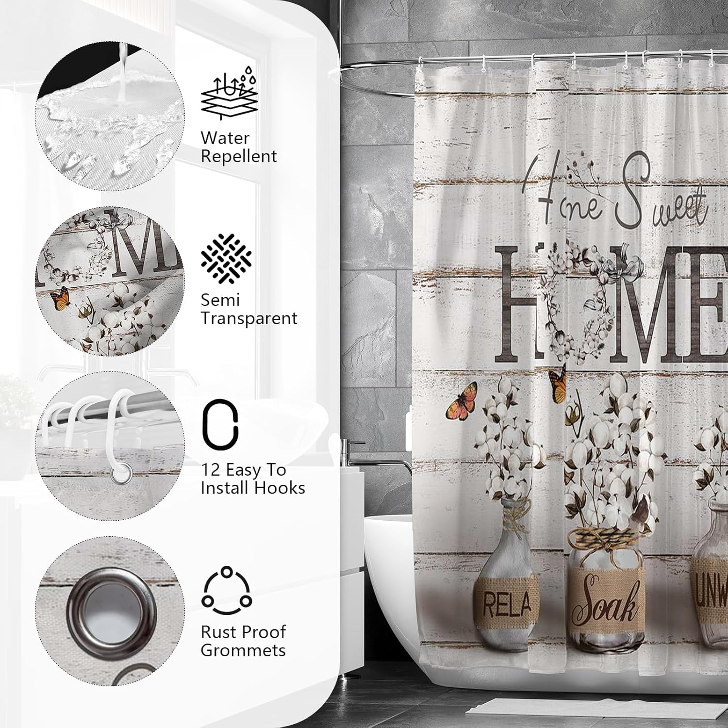 APROPHIC 4PCS Farmhouse Shower Curtain Set, Country Style Sweet Home Shower Curtain with Rugs, U-shaped Mat, Toilet Lid Cover, White, Cotton Flowers, 72X72IN