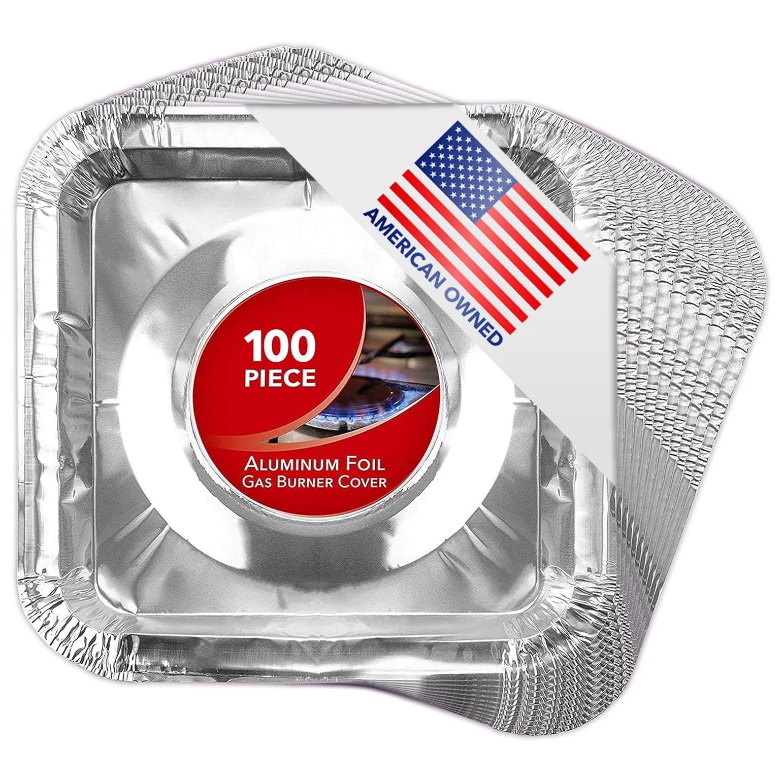 Disposable Gas Burner Liners (100 Pack) Aluminum Foil Square Gas Stove Burner Covers - 8.5 Inch Gas Range Protector, Stove Top Covers for Gas Burners, Foil Liners to Catch Oil, Grease, and Food Spills