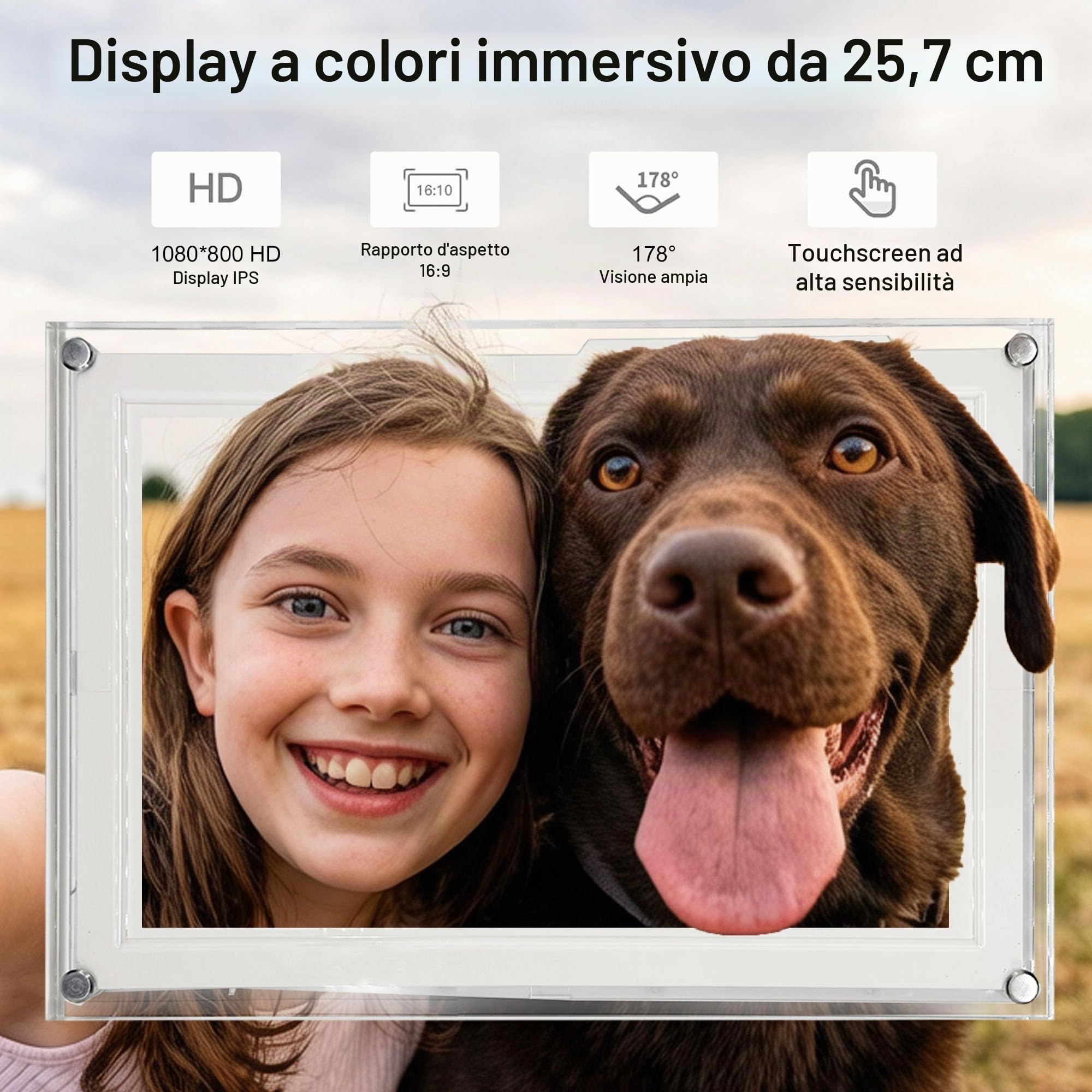 Frameo 10,1 pollici Slim Acrilico Wifi Cornice Digitale 32 GB Cornice Foto Digitale 1280 * 800 HD IPS Touch Screen Condivisione istantanea di foto/video tramite l'app Frameo da qualsiasi luogo