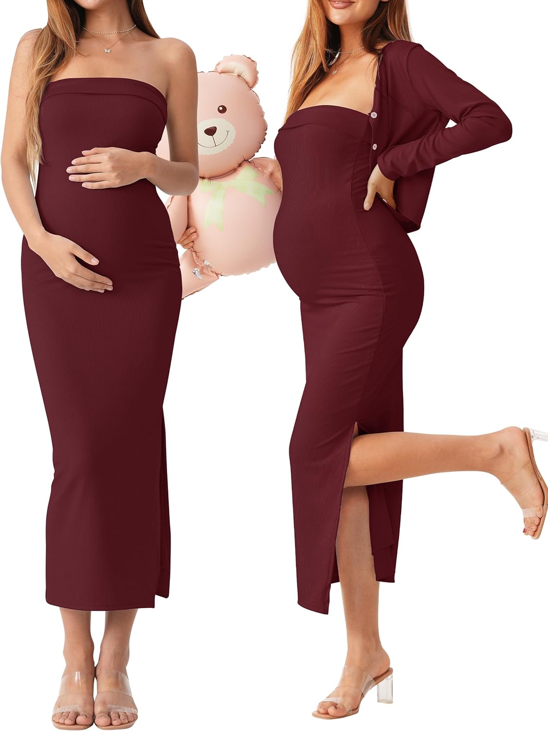 QUNISY 2 Piece Maternity Dress Cardigan Set, Strapless Bodycon Maxi Tube Dresses Long for Baby Shower Photoshoot Formal