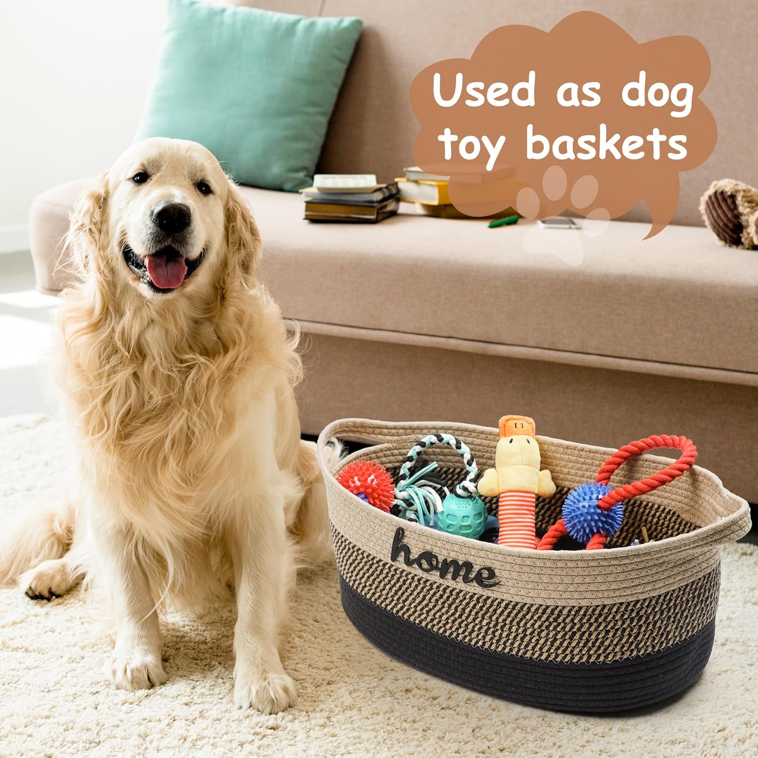 Dog Toy Basket Woven Baskets for Organizing Rope 22"X11"X7.9" Large Storage Basket with Handle Cute Cotton Nursery Gift Dog Toy Bins Organizer-Light Beige - Image 5