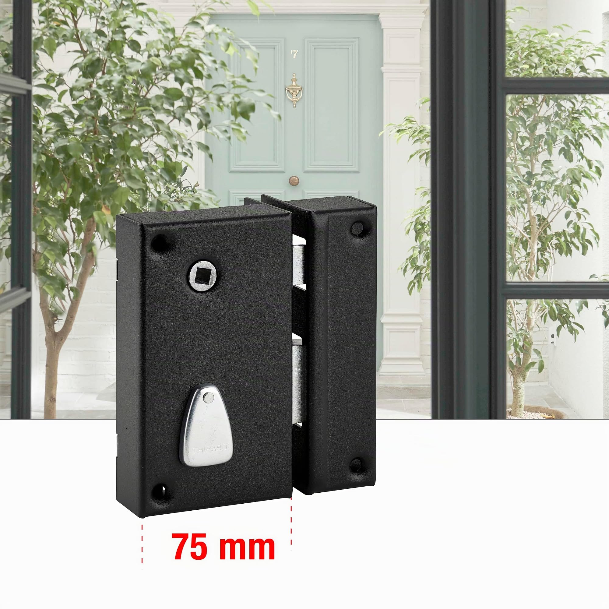 THIRARD - Serrure Verticale en Applique 6 Gorges à Tirage pour Entrée - Droite - Axe 45 mm - Carré 7 mm - 75 x 130 mm - Noir - Coffre et Gâche Acier Cambré - 2 Clés Incluses