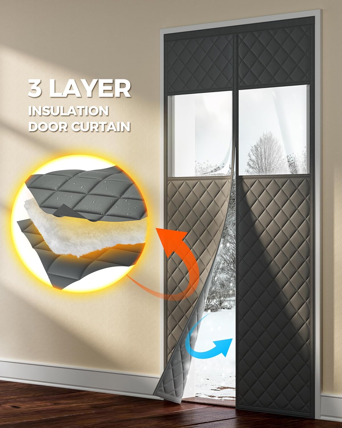 Augblinds Magnetic Thermal Insulated Door Curtain Fits Door Size 36" x 82", Oxford Cloth Thicken Cotton Fiber Filled, Self-closing Screen Insulation Cover Keep Warm in Winter, with Clear Windows, Grey