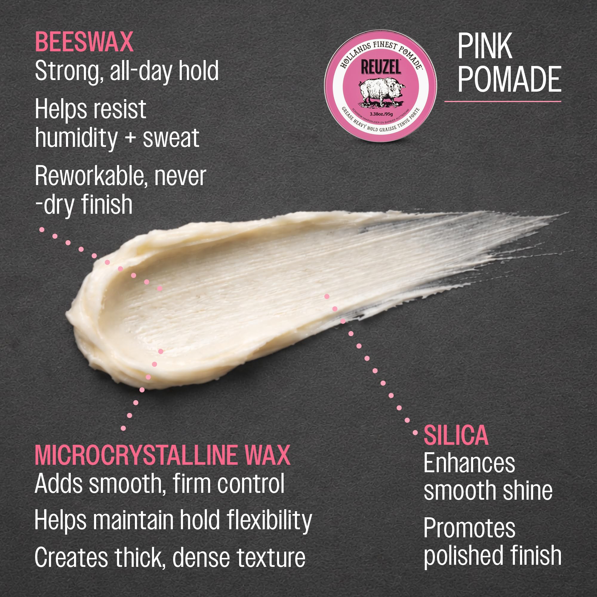 Reuzel Pommade Pink Grease Tenue épaisse, tenue forte, brillance moyenne, pommade à base d'huile, tenue toute la journée, 95g