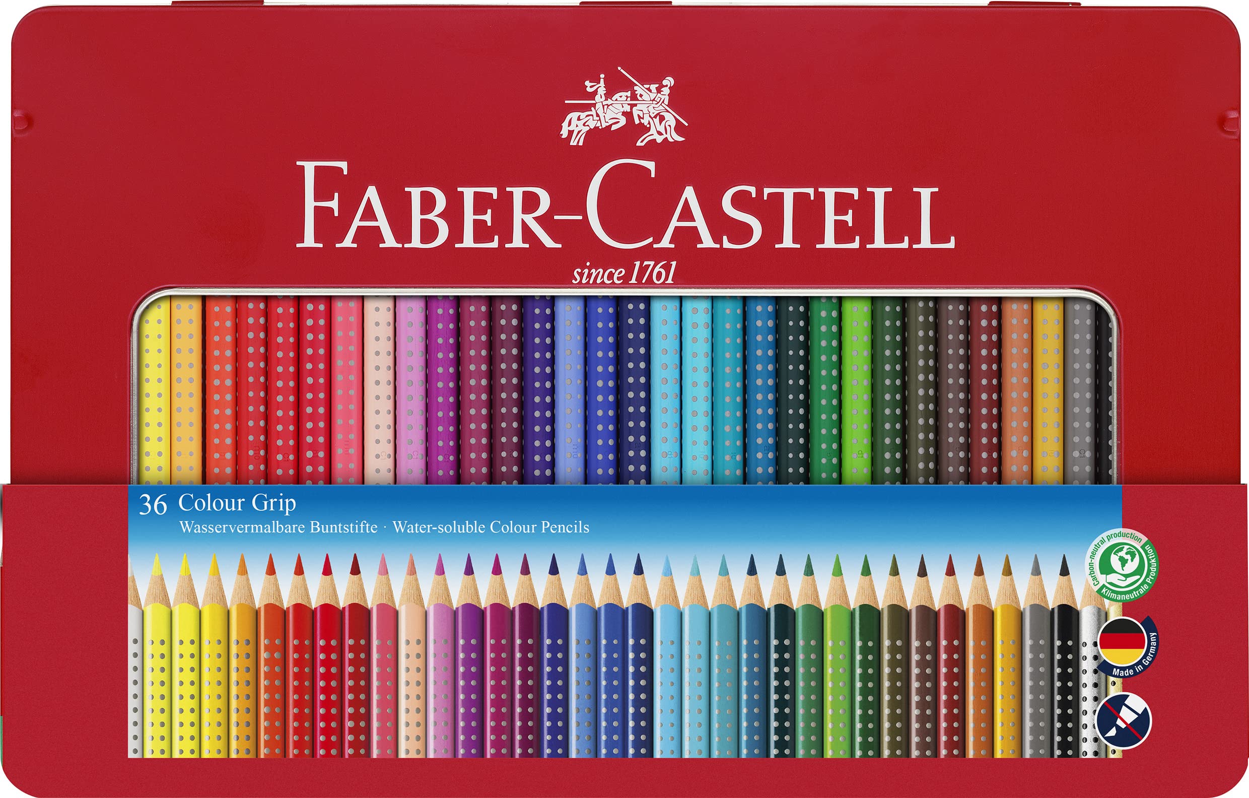 Faber-Castell 112435 - Pastelli colorati Colour Grip 2001, custodia in metallo da 36 set da pittura, con scatola tripla, 6 matite HB e gomma di alta qualità