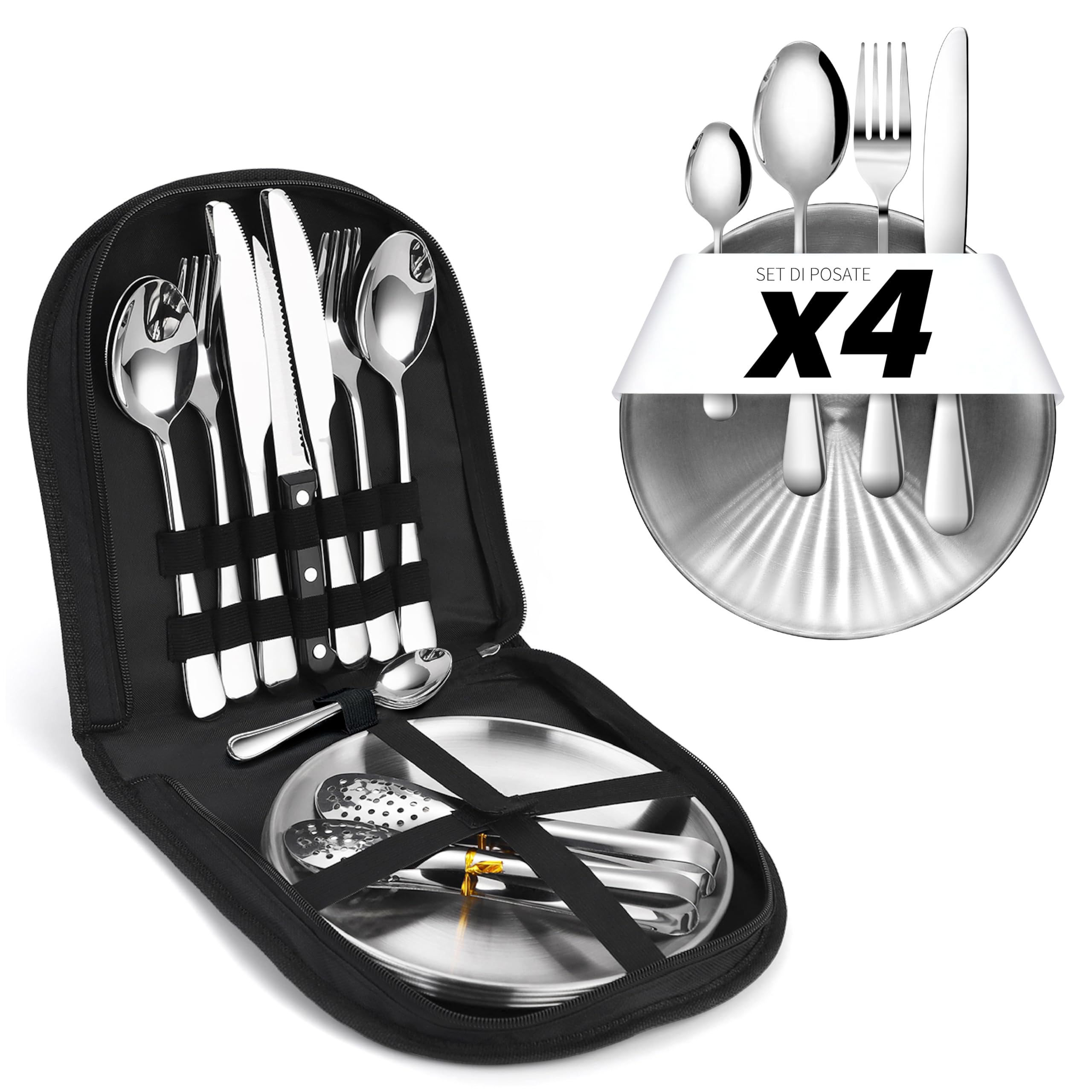 [Posateria 23 pezzi] Set di posate da Campeggio per 4 Persone. Borsa Portatile con Forchette, coltelli, cucchiai, piatti in Acciaio Inox. Stoviglie per esterni, barbecue, picnic (Include 4 cucchiaino)