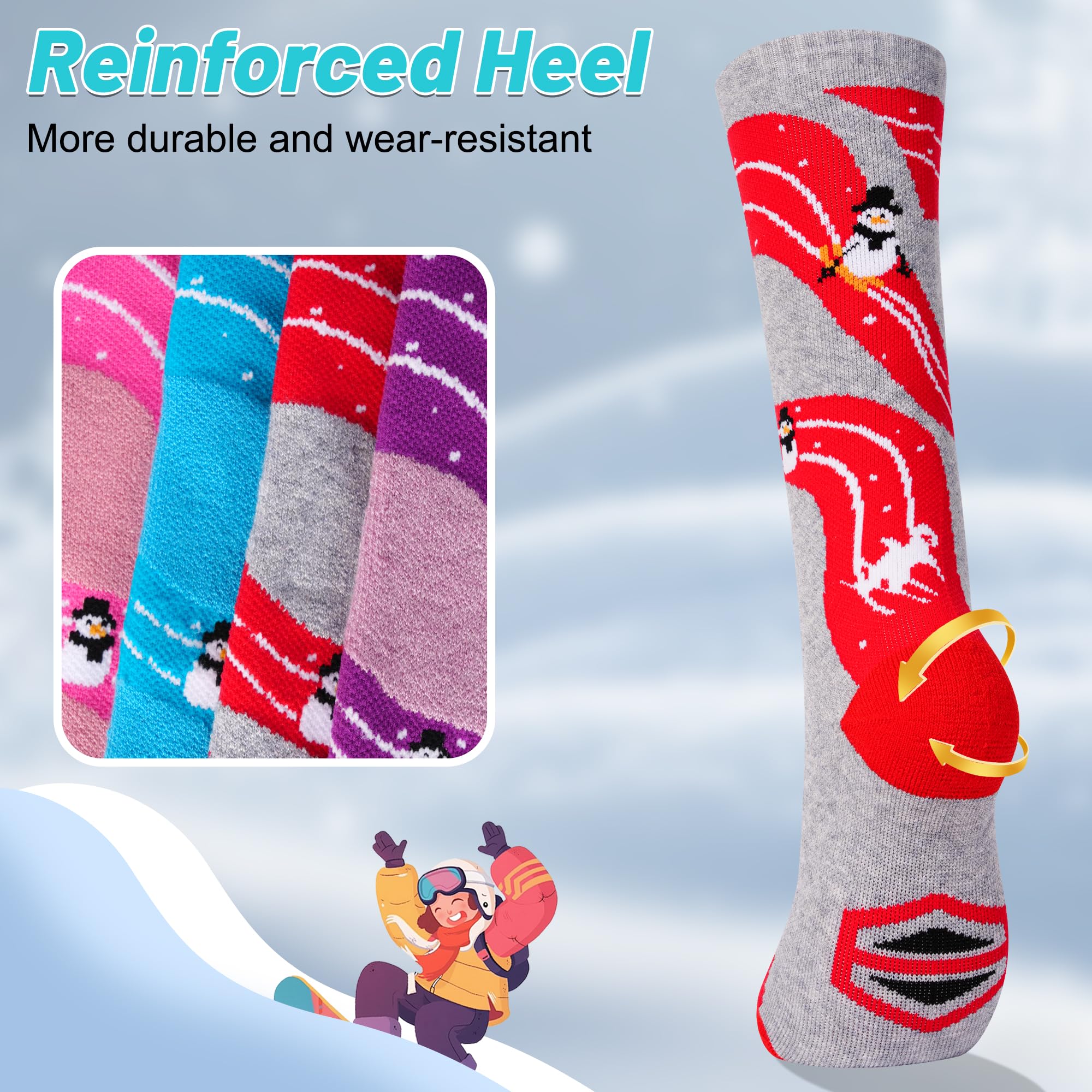GRPSKCOS Lot de 2 paires de chaussettes de ski en laine mérinos pour filles et garçons - Chaussettes thermiques épaisses et chaudes pour le ski, le patinage, le snowboard, la randonnée, 3 à 12 ans