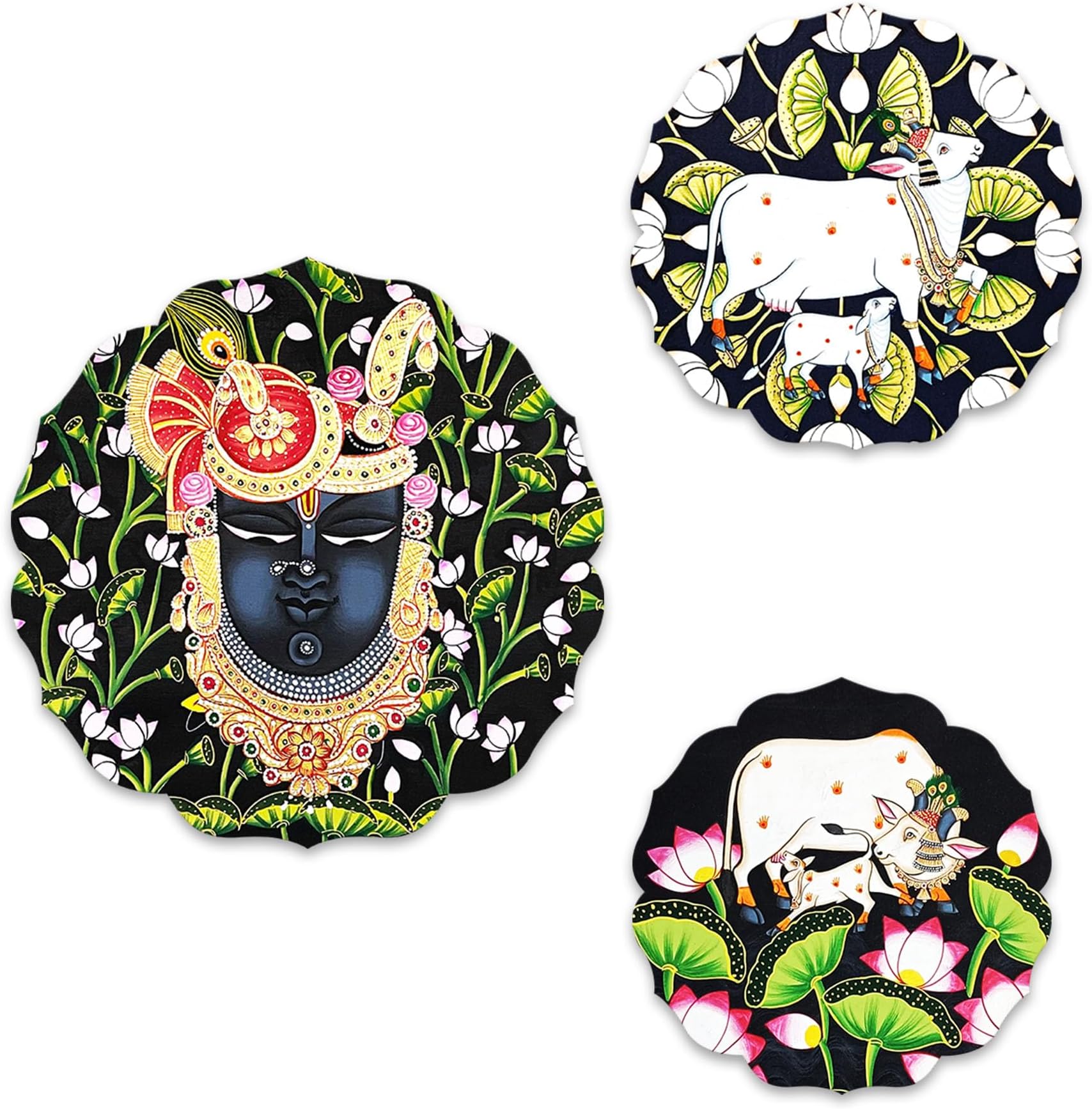 Artvibes Shrinath Ji & Sacred Cow Pichwai Art Round Shape MDF Wooden Wall Decor Items | Living Room | Handcrafted Art | Wall Illustrations | Art Prints | Aesthetic Wall Art | Gift (WH_8810N), Set of 3