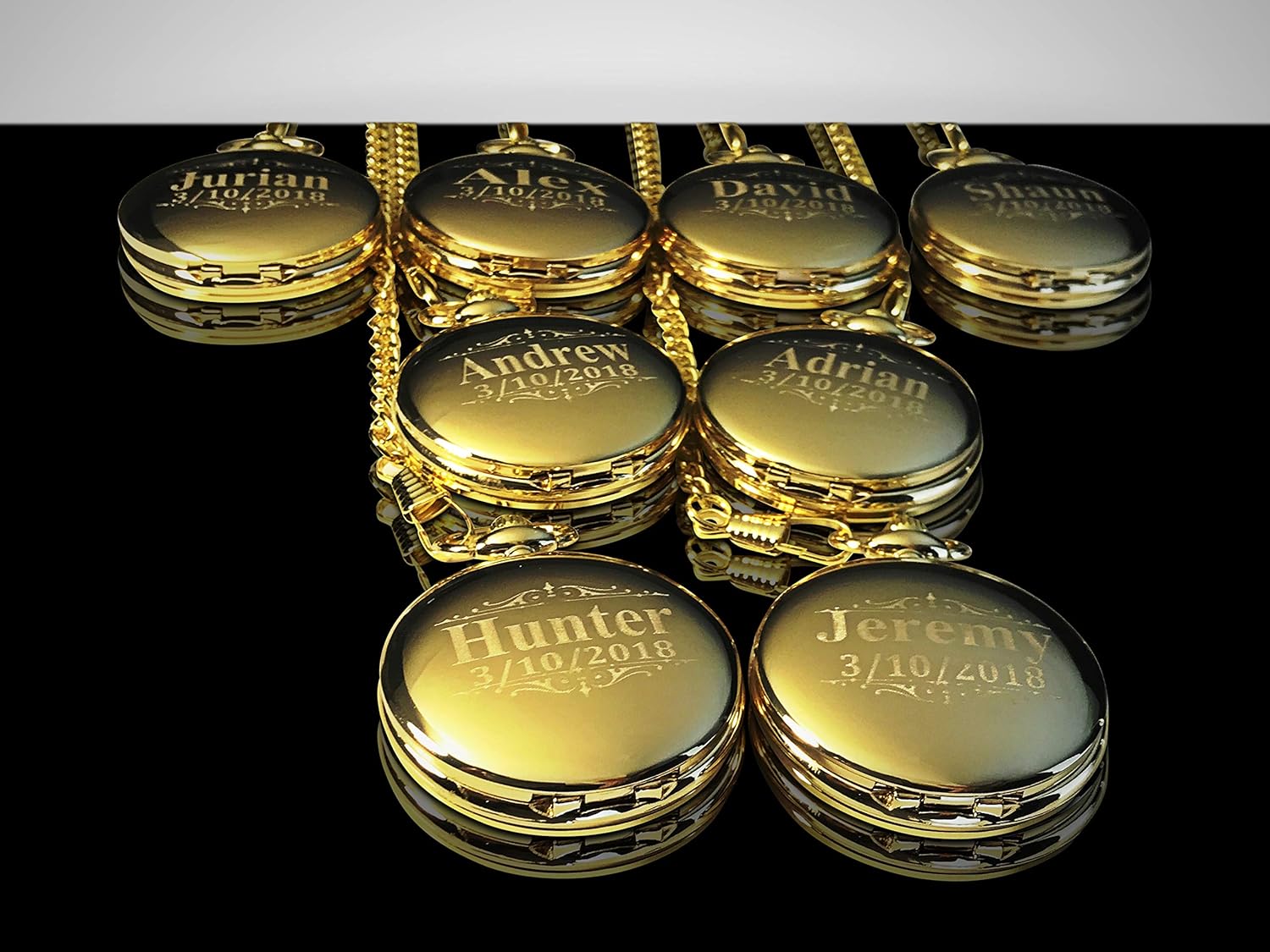 7 Engraved Pocket Watches, Set of 7 Groomsmen Wedding Unique Gifts, Chain, Box and Engraving Included, Comes in 5 Colors, His and her Gifts