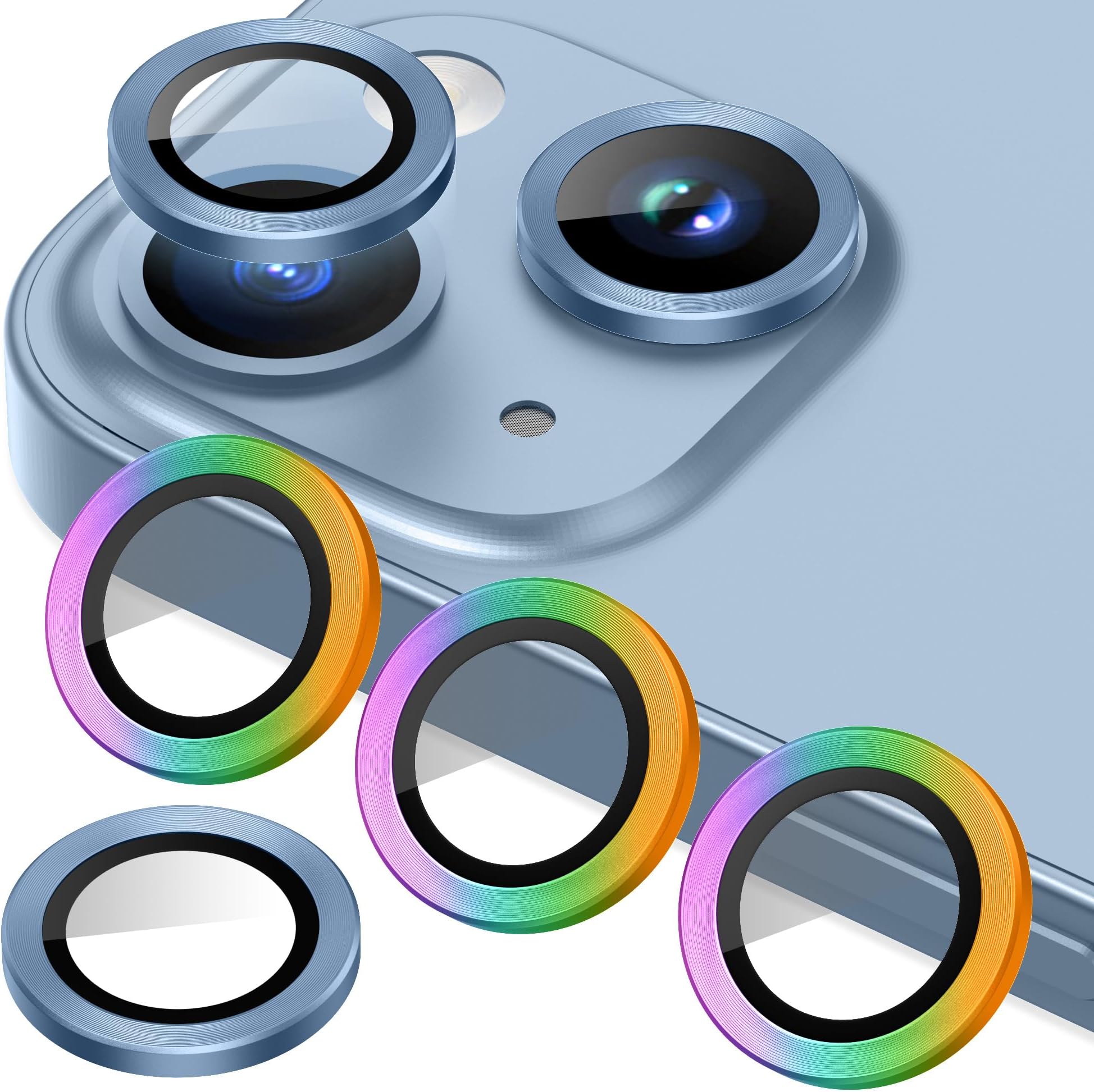 AGVEE3+3 for iPhone 14 6.1" / 14 Plus 6.7" Camera Lens Protector, Brushed Metal Ring 9H Tempered HD Glass Camera Protector Cover Film, Brushed-Blue
