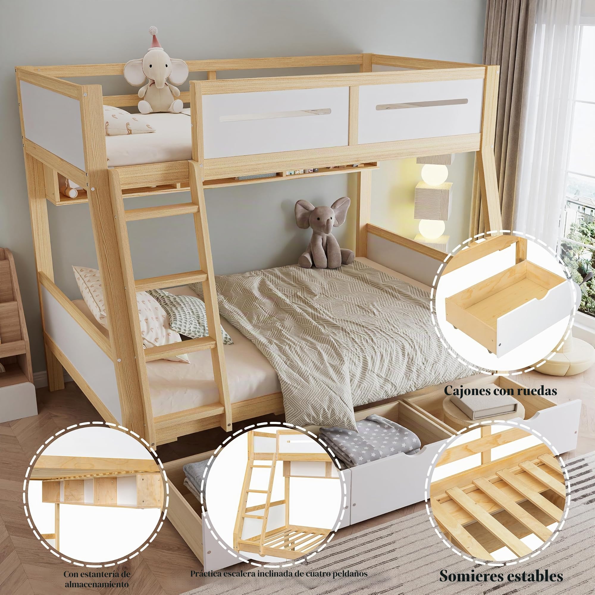 Soweiz Litera, cuna de 90 x 200 cm y 120 x 200 cm, tres cajones con ruedas, soporte para libros de imágenes de 2 m, cercado seguro de cuatro lados y escalera, pino + MDF + madera contrachapada, color