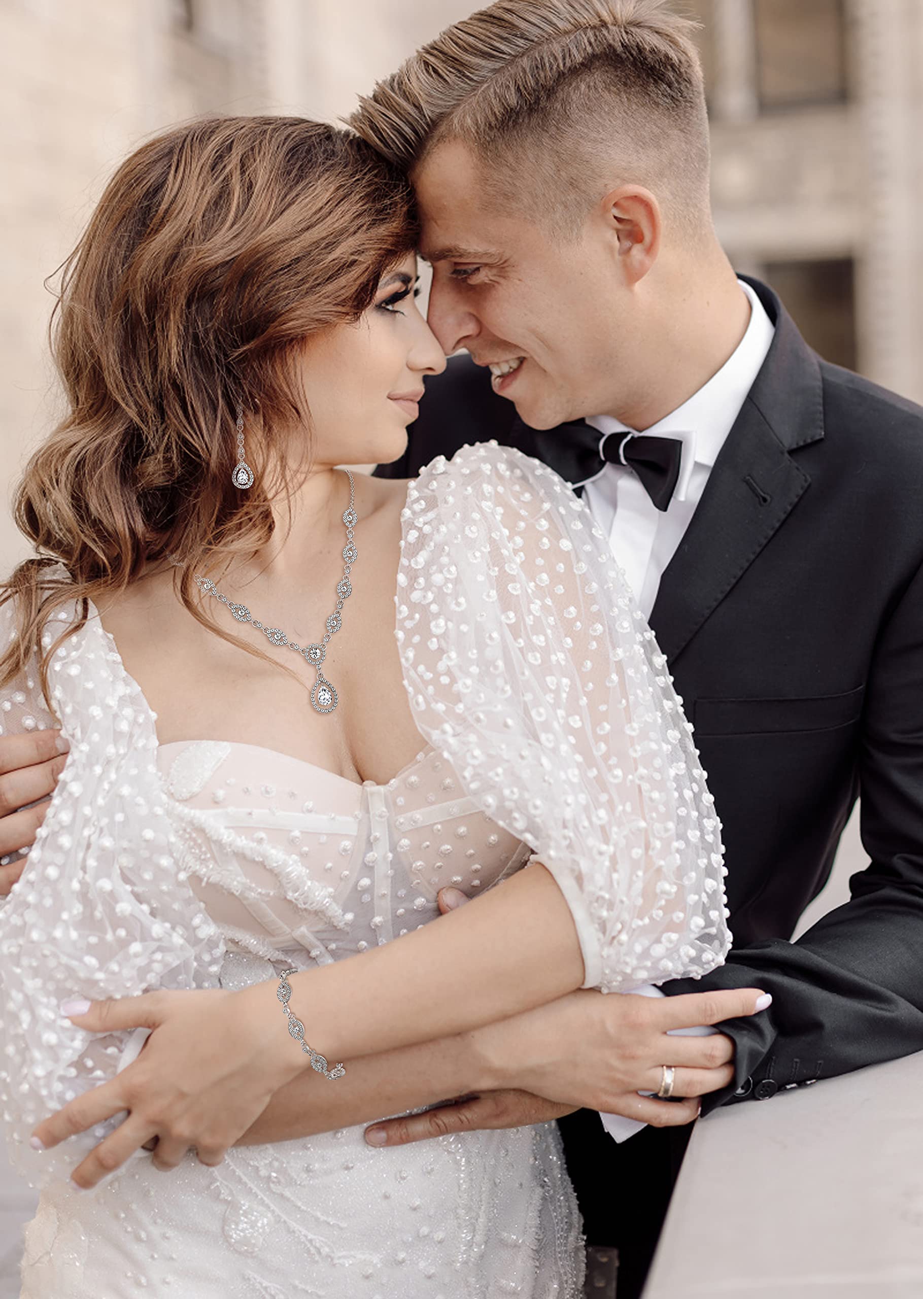 YADOCA Wedding Bridal Jewelry Set For Women Silver Prom Costume Jewelry Sets Rhinestone Crystal Teardrop Necklace Earrings Bracelet Bridesmaid Jewelry Accessories Blue Silver Red Rose Gold