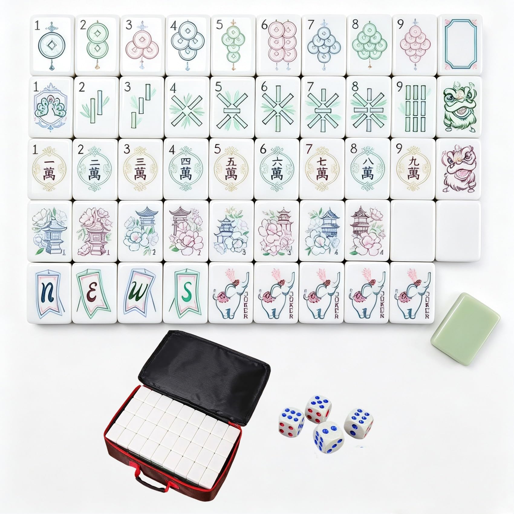 Zestaw Mahjong, 160 akrylowych 4-warstwowych amerykańskich płytek Mahjong | Przenośna torba do przenoszenia, kości, idealna do gier wieloosobowych, gier w podróży i zabaw(Green)