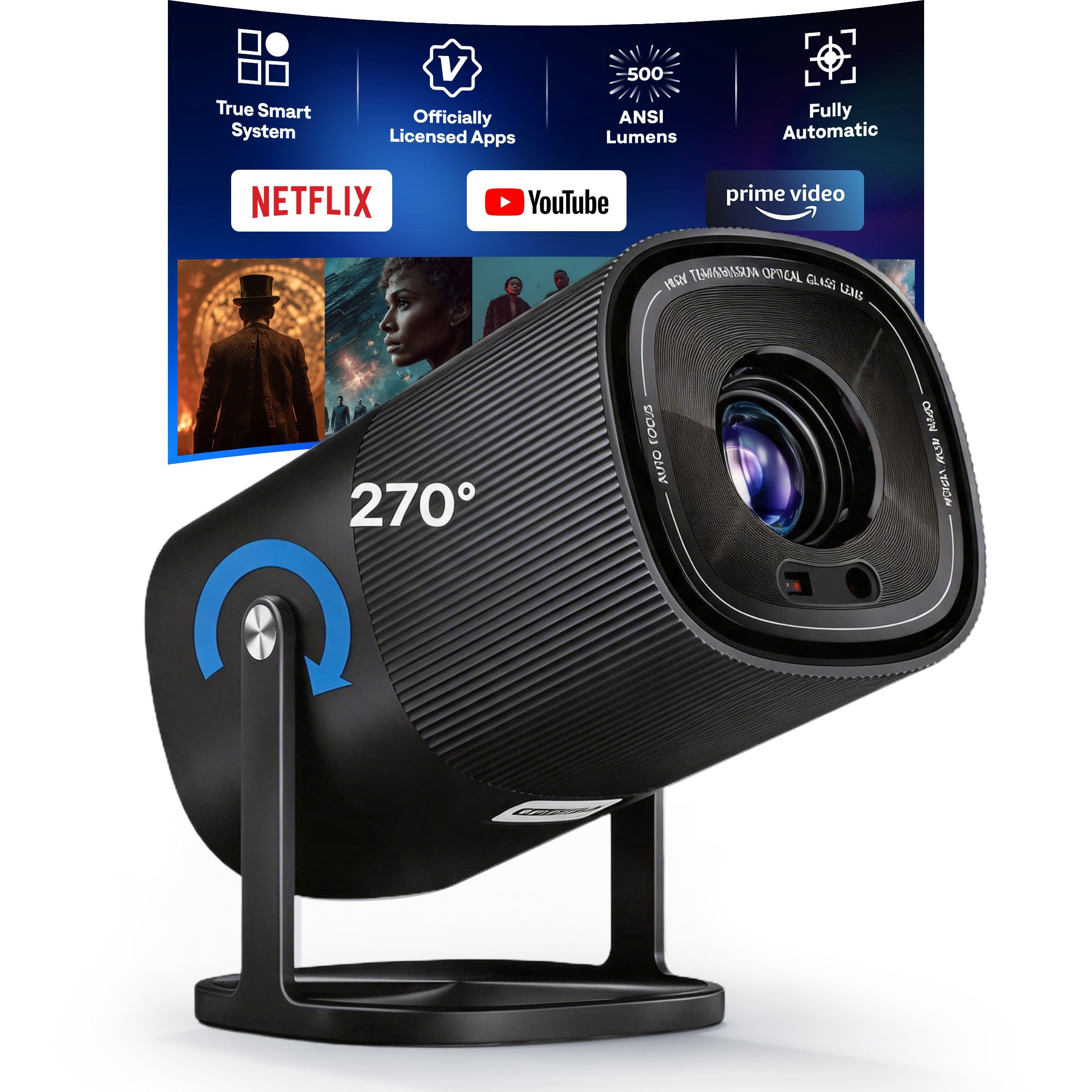 Photo 1 of ?Built-in Officially-Licensed Apps & 500 ANSI Lumens & Full Automatic?BoldEver 2026 Upgraded Mini Smart Projector with WiFi 6 and Bluetooth, 270° Adjustable Stand, Movie Projector Indoors Outdoors