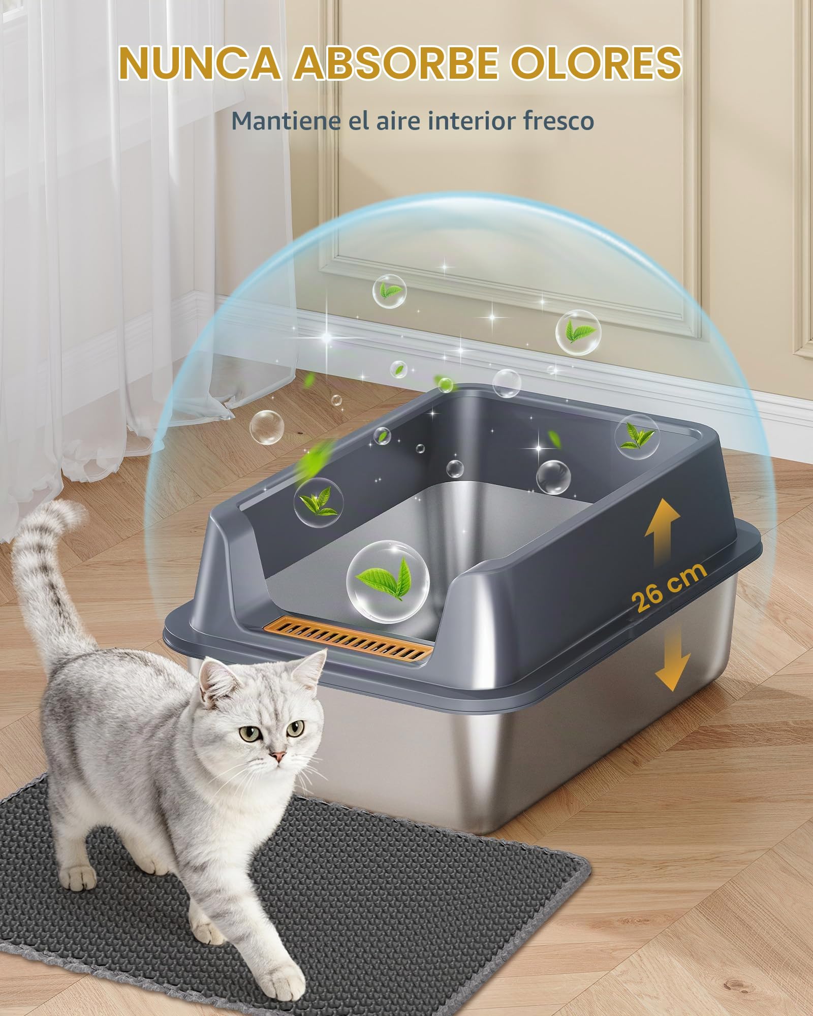 Hzuaneri Arenero de Acero Inoxidable XXL, Arenero para Gatos Grandes 30L 60x40x26 cm, Caja de Arena con Bordes Altos Semicerrado, Antiadherente, con Pala y Alfombrilla, Gris Oscuro LB89799G