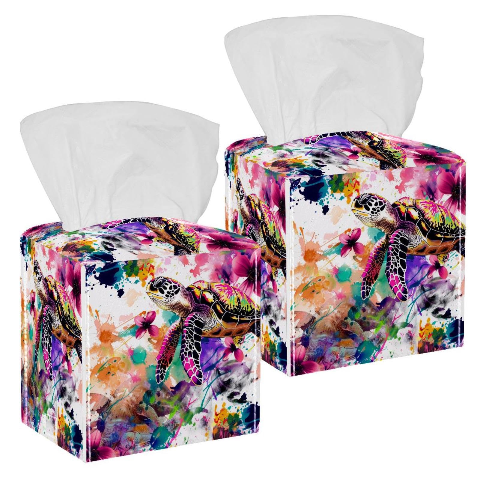 Colorful Splashes Turtle Tissue Box Cover, 2 Pack PU Leather Square Facial Tissue Dispenser Box holder for Home Office Car
