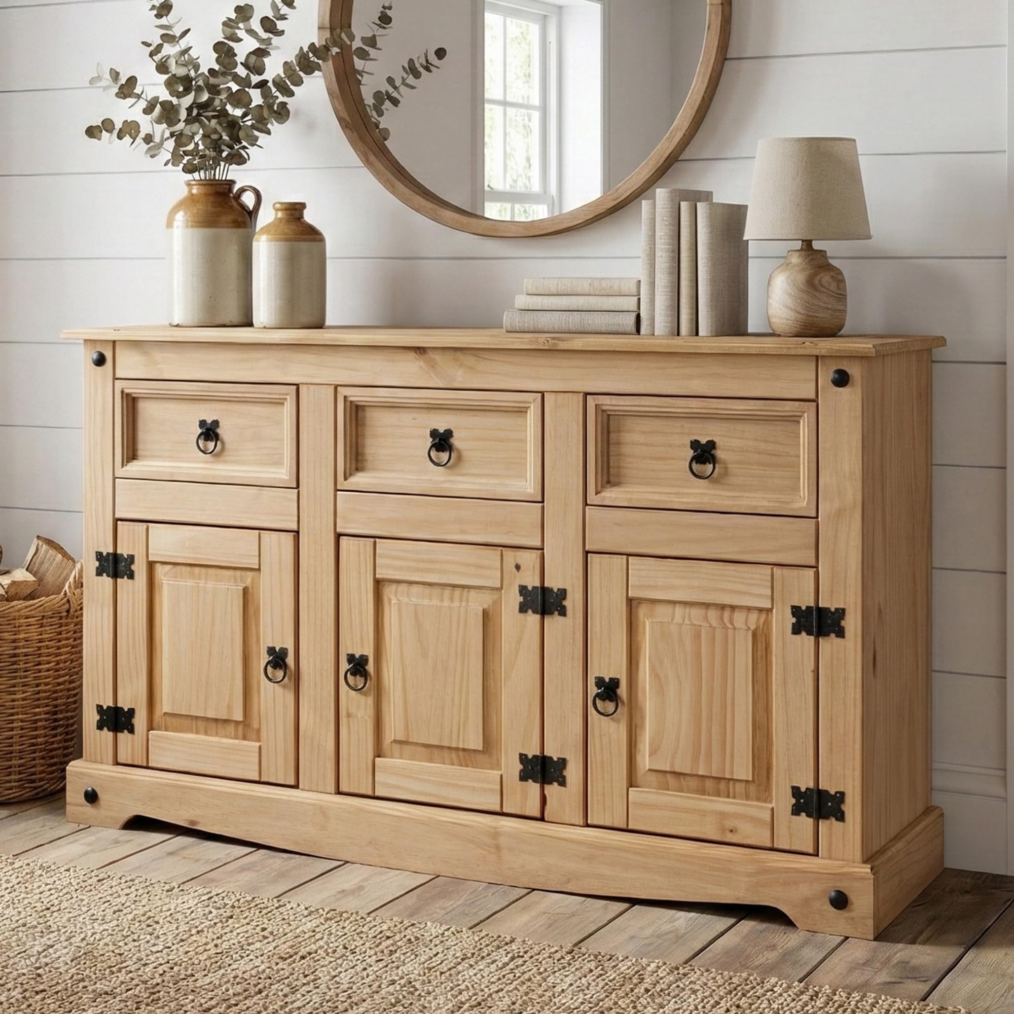 Homezy Sideboard Buffet with 3 Doors and 3 Drawers – Natural Wood Storage Cabinet for Dining Room, Living Room, or Entryway