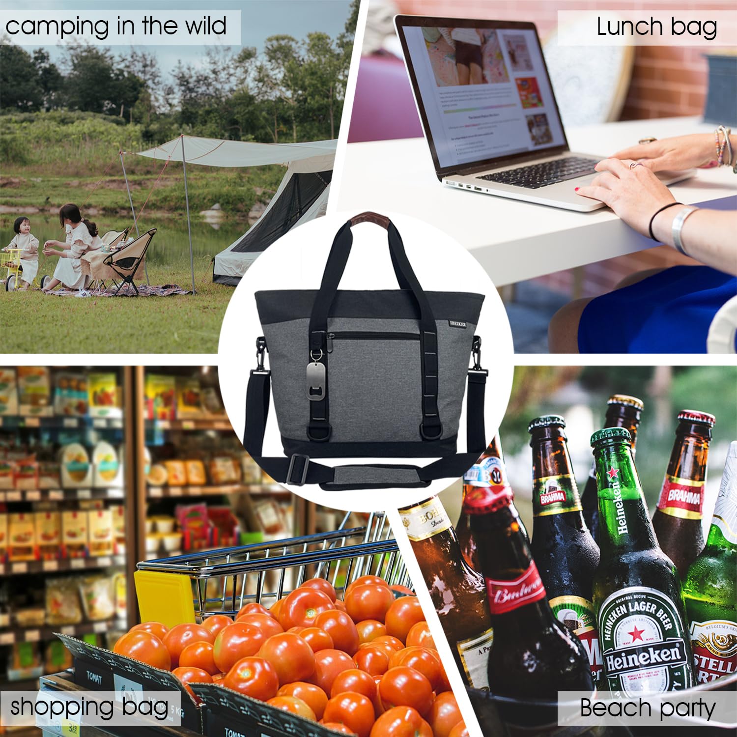 Isolierte Kühltasche, große isolierte Tasche, wiederverwendbare Einkaufstaschen, auslaufsicher, weicher Kühler mit Taschen, Flaschenöffner, geeignet für Supermarkt, Einkaufen, Reisen, Strand