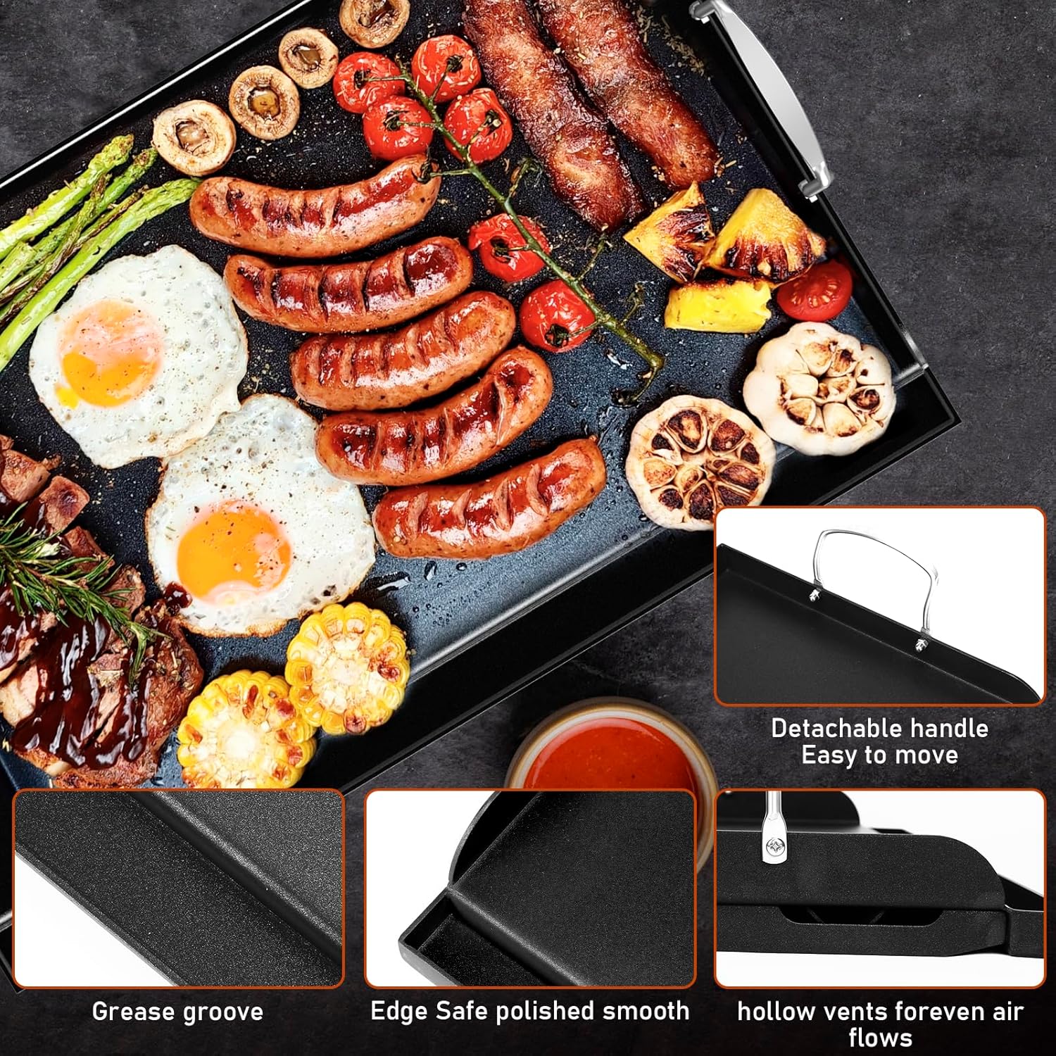 Cast Iron Griddle for Gas Grill 25"x16" Flat Top Grill Griddle Pan for Stove Top Nonstick BBQ Griddle Plate for Charcoal & Gas Grill Heavy Duty Universal Cooking Surface for Blackstone Style