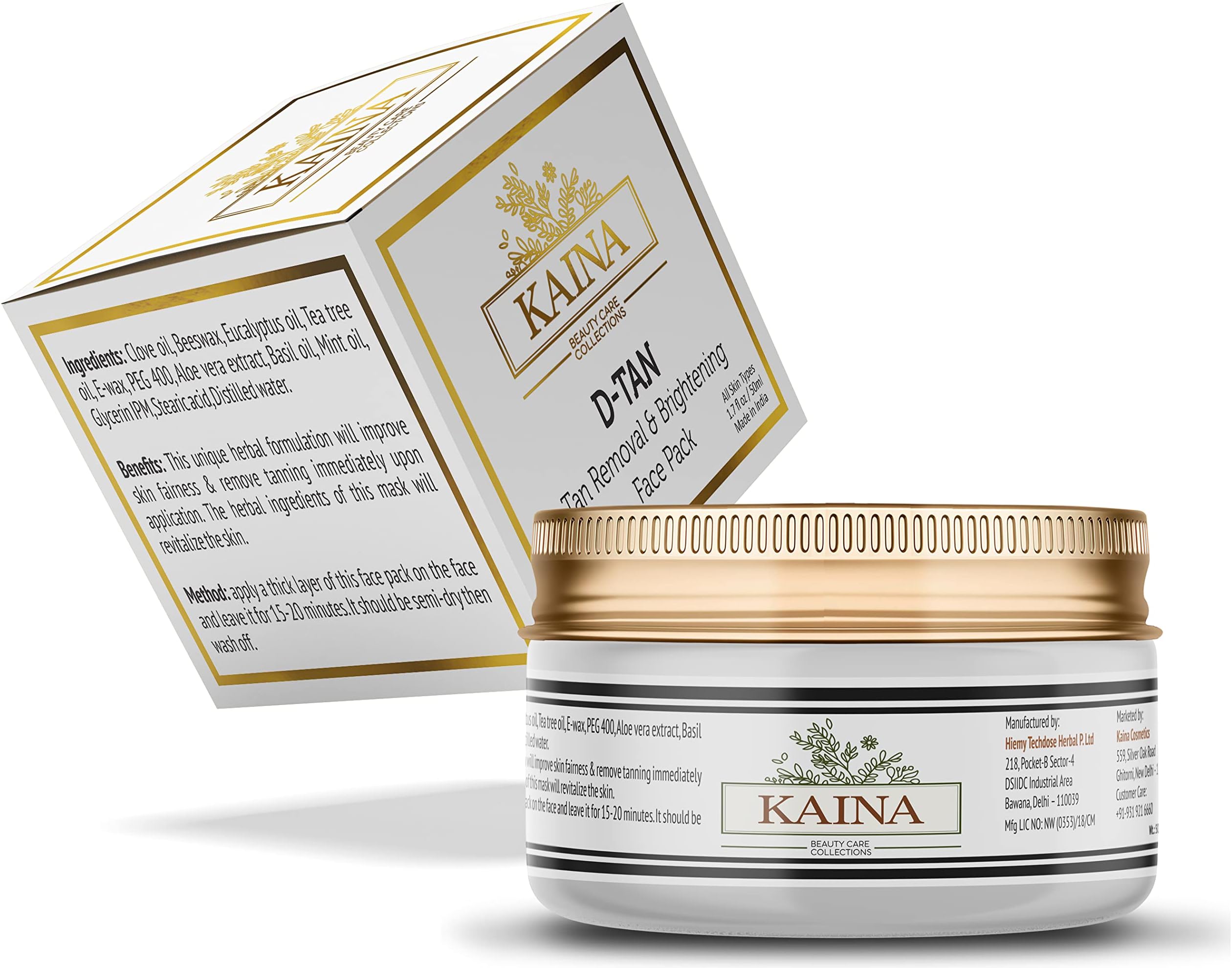 Kaina beauty - D Tan Face Pack - Instant Tan Removal Pack | Skin Brightening | Lighten Skin Tone| Instant Glow |100% Organic | Sun Damage Protection | 50g