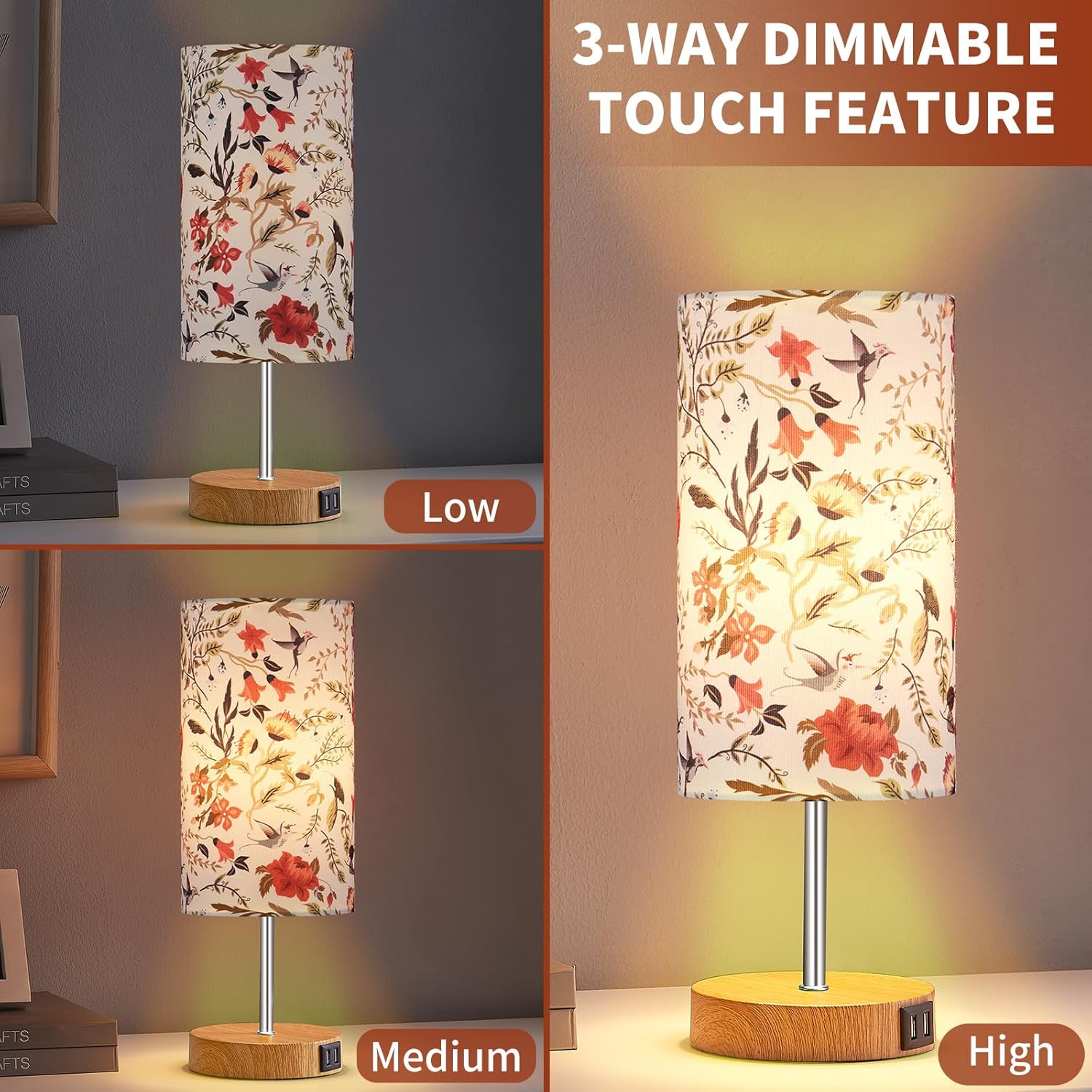 Bedside Touch Lamp, Wood Small Table lamp with 2 USB Charging Ports & Flower Fabric Shade, 3-Way Dimmable Nightstand Lamps for Living Room Bedroom Office Reading Desk Home Dorm(LED Bulb Included)