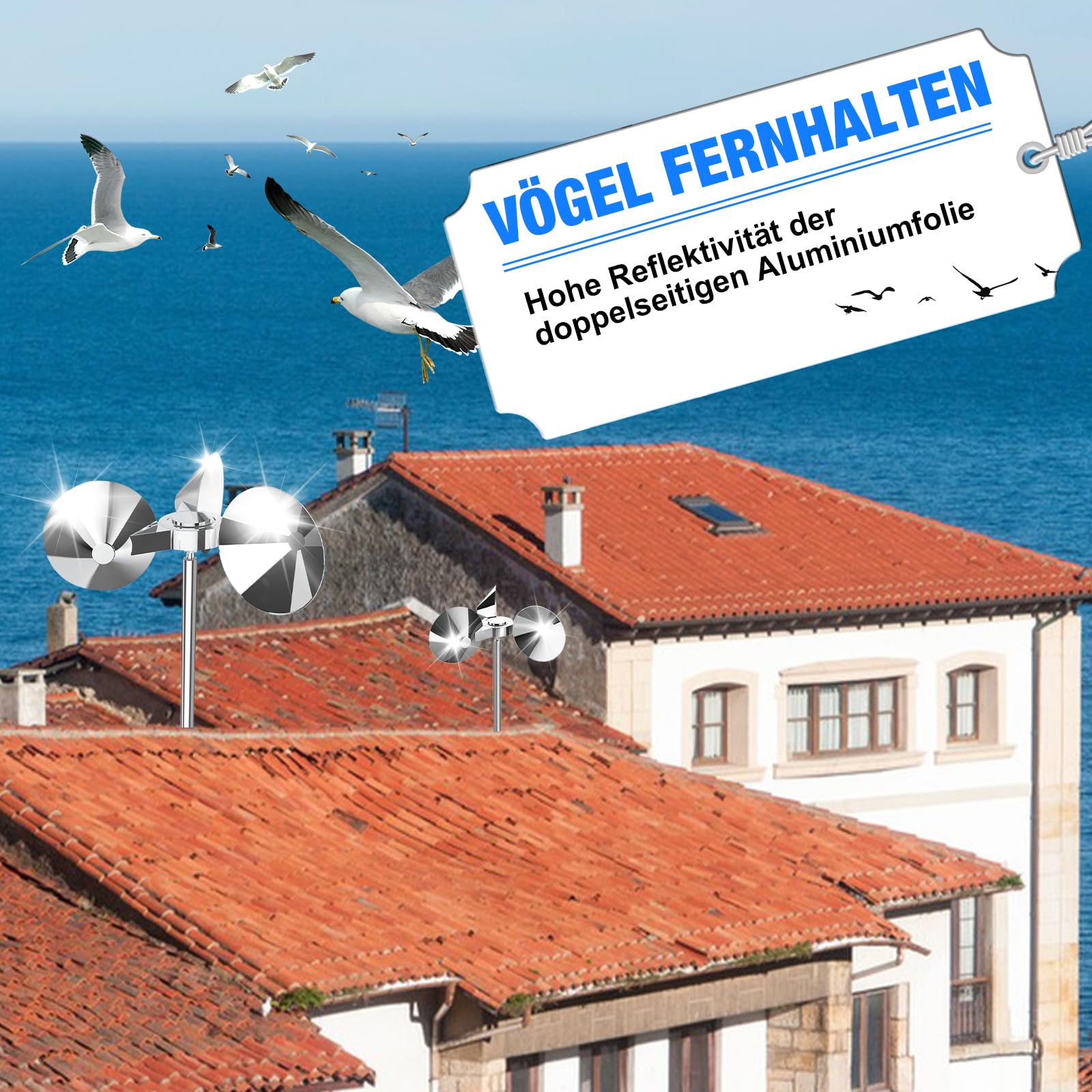 Reflektierendes Drehgerät zur Vogelabwehr, visuelles Vogelschreckgerät, Vogelabwehrgerät für den Außenbereich gegen Möwen, Tauben und Spechte, Gerät zum Fernhalten von Vögeln von Häusern