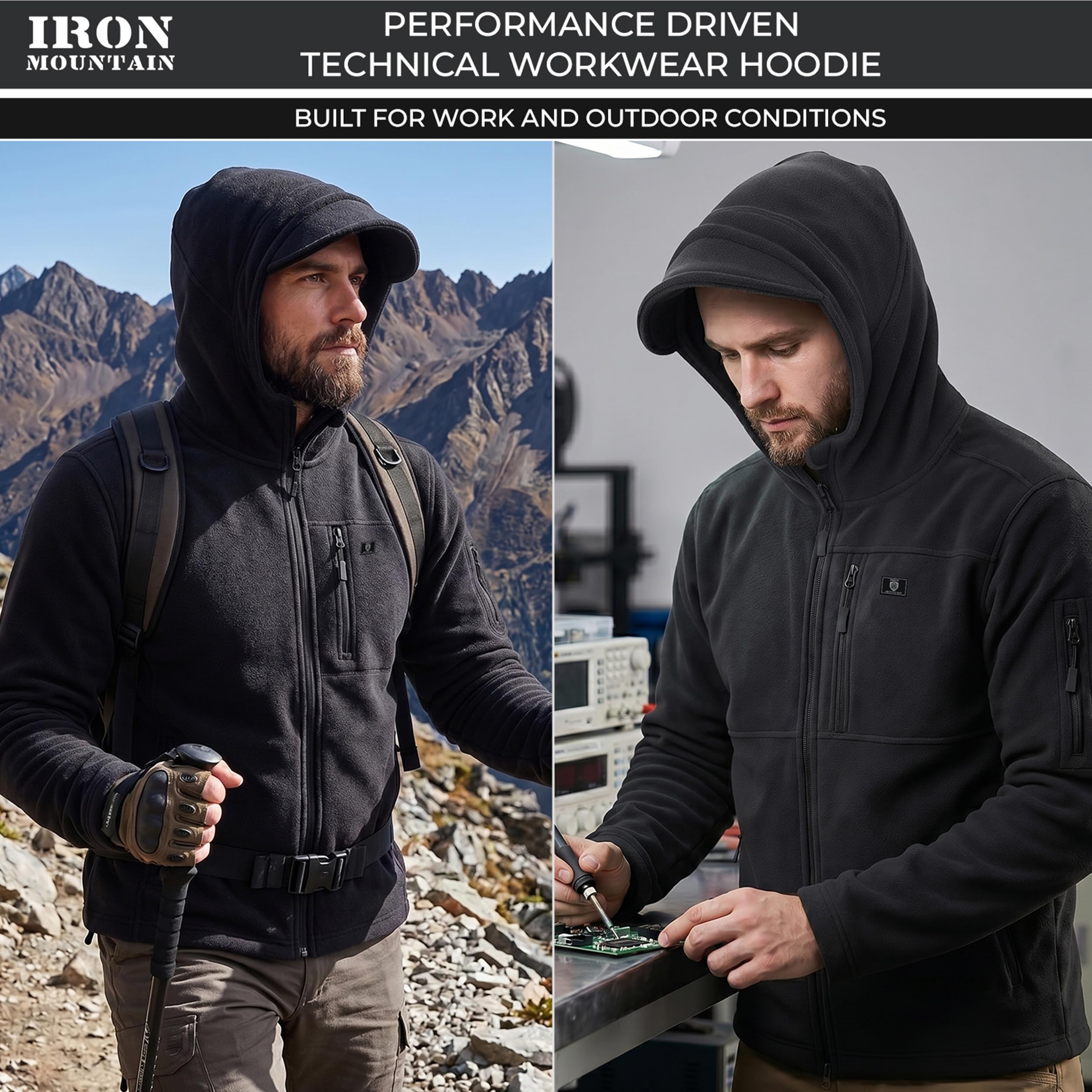 Iron Mountain Sweat à Capuche Homme Zippé Fleece Technique – Hoodie Thermique Coupe-Vent avec Poches Multiples, Sweatshirt Workwear Extérieur Hiver