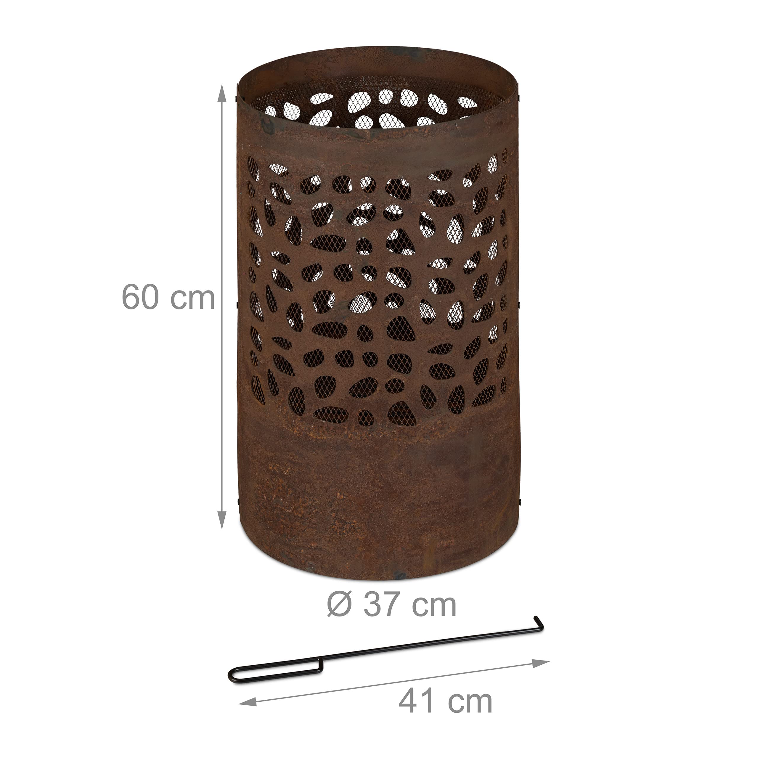 Relaxdays Braciere da Esterno, Parascintille, Attizzatoio e Griglia, da Giardino, HxD: 60x37 cm, Acciaio Corten, Marrone