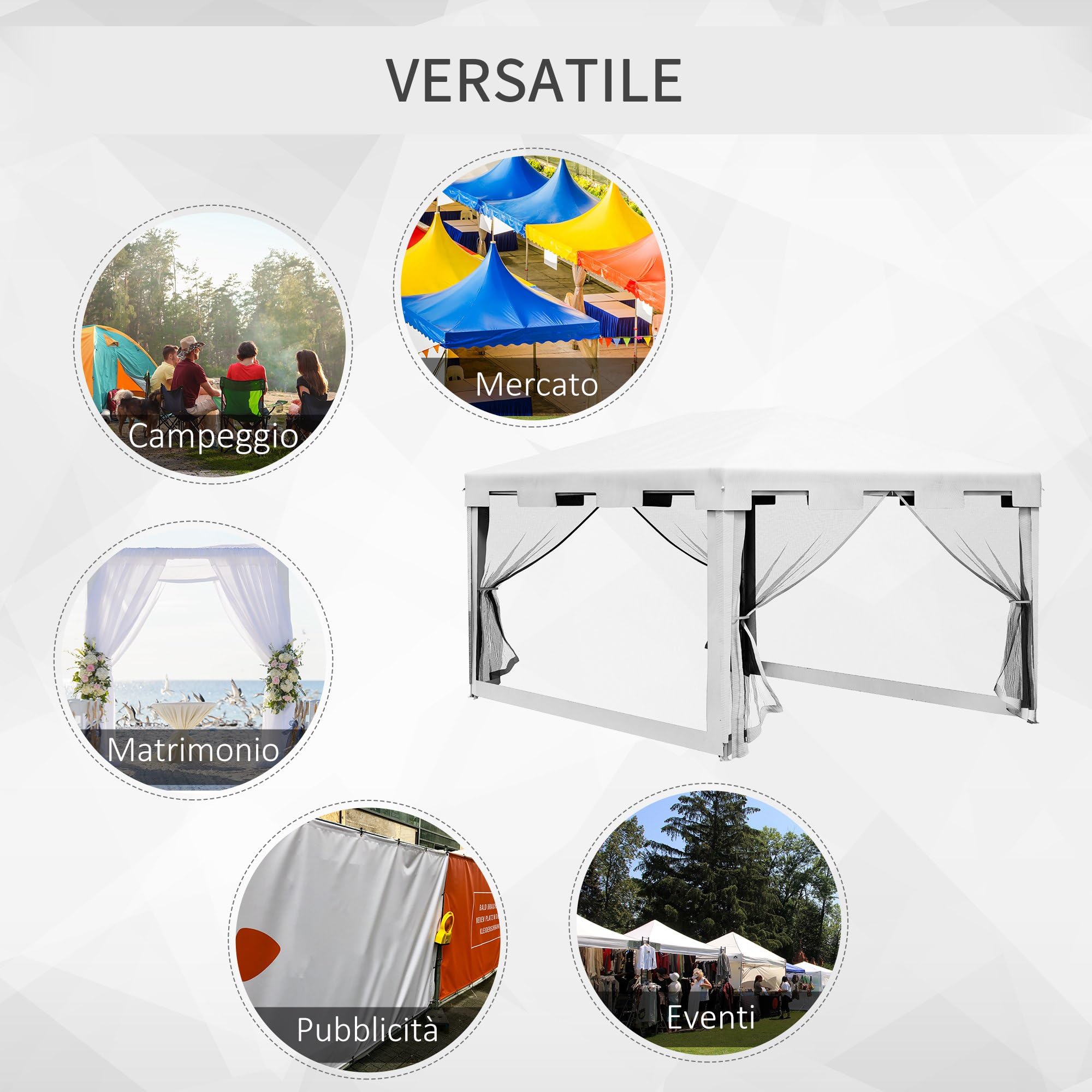 Outsunny Gazebo 4x3 m con Zanzariera e 2 Ingressi, Gazebo da Giardino in Metallo e PE, Bianco e Nero