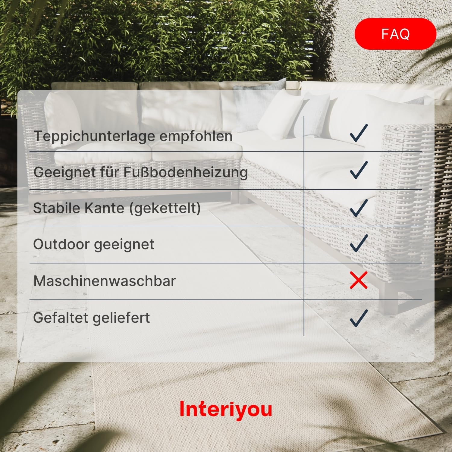 Interiyou Outdoor Teppich Wetterfest Lome - 120x170 cm Weiß - Wasserfest für Balkon, Terrasse, Garten - Outdoorteppich passend auch für Wohnzimmer, Schlafzimmer und Küche - Aussenteppich