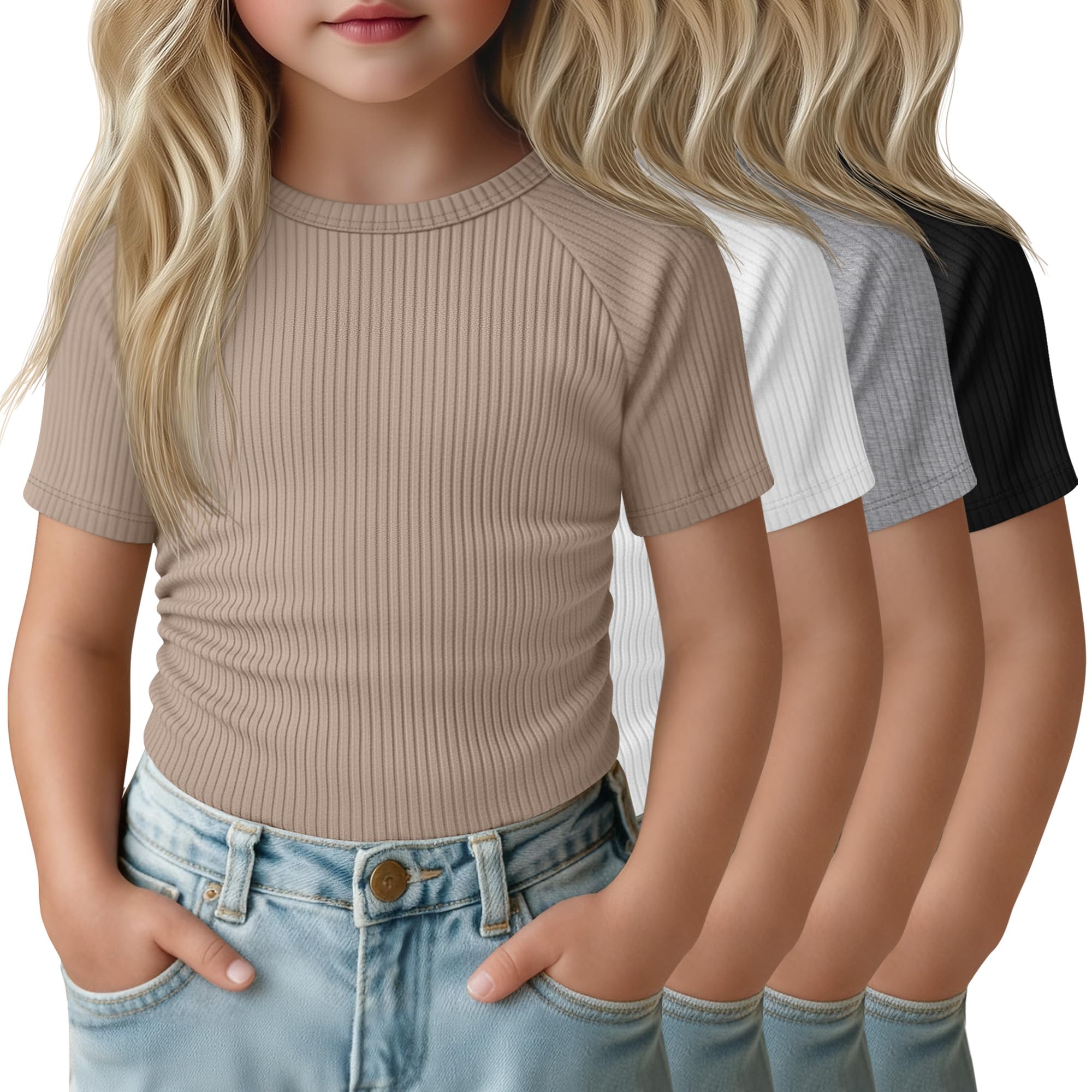 4 Pcs Toddler Girl Shirts Infant Girls Ribbed Short Sleeve T-Shirts Slim Fit Soft Cotton Tee Kids Side