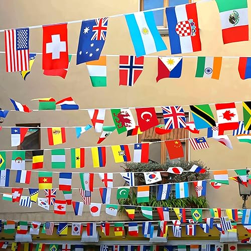 Miniatura 7 de Bandera de cuerda de 200 países, bandera internacional de 184 pies, decoración de bandera mundial para escuela, eventos deportivos, gran apertura,