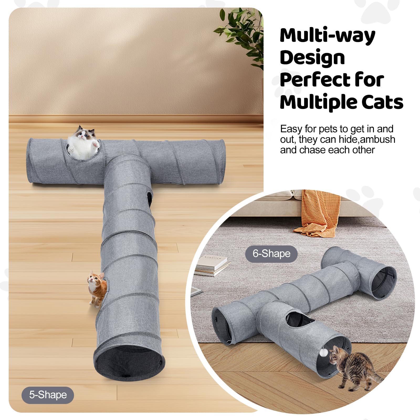 Odoland Katzentunnel in Leinen DIY Spieltunnel mit Ball Katzenspielzeug Faltbar Pet Play Tunnel Tube für Katzen Kaninchen Kleintiere, 110cm, Grau
