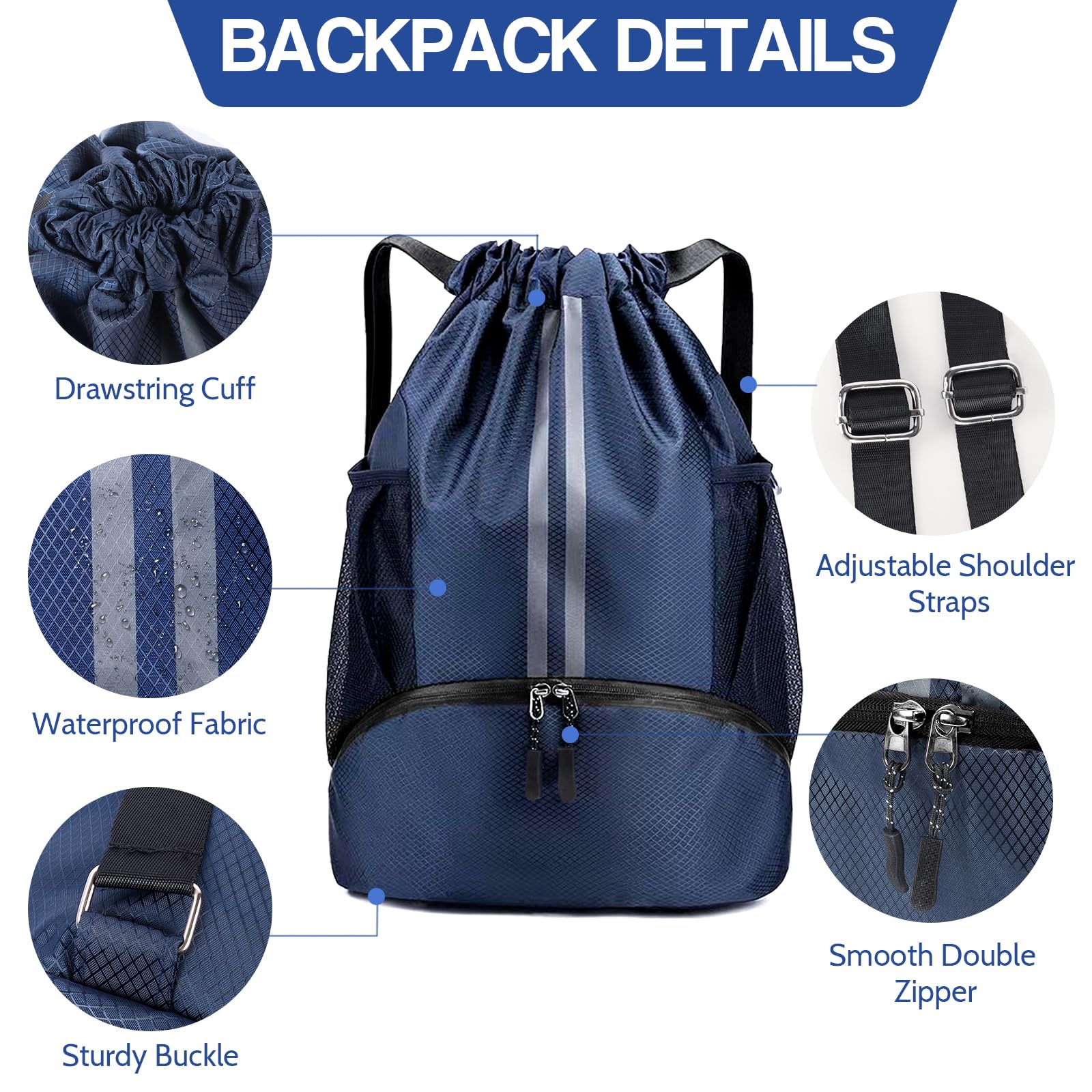 Minicoco Drawstring Backpack, Large Gym Bag Oxford Sports & Outdoor Backpack with Shoe Compartment, Waterproof for Men Women - Image 2