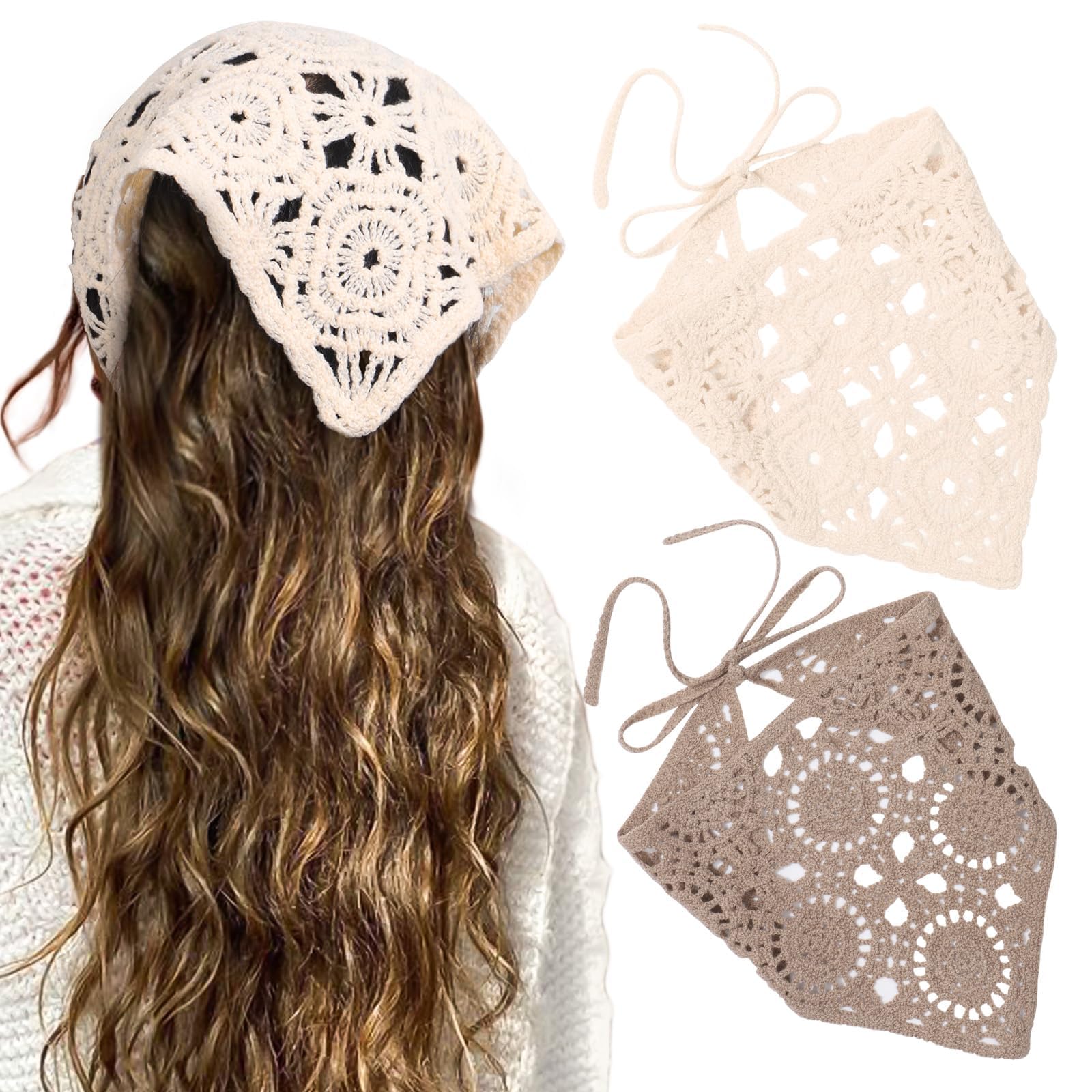 2 Pcs Beige Head Scarf for Women, Crochet Headband for Women with Bandana Scarf Design, Hair Scarf for Styling and Bohemian Fashion, Headband for Women with Comfortable Fit-image-46