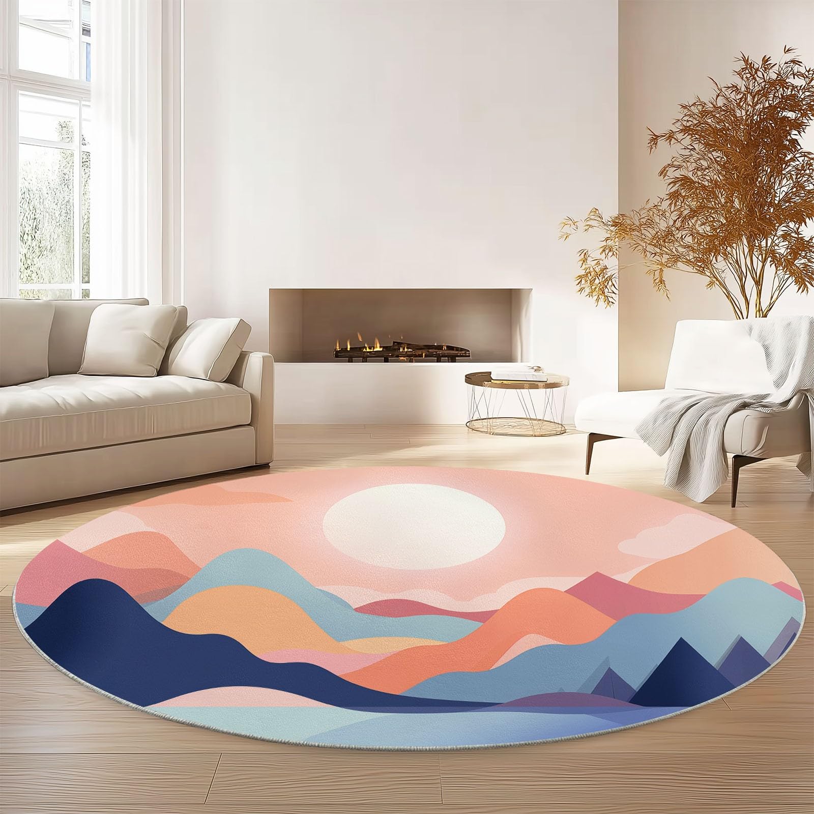 Alfombra Redonda 120 cm, Estampada Simple Paisaje Natural Abstracto, Durazno Suave esponjosa de Pelo Corto con Respaldo Antideslizante, Alfombra Lavable para Sala de Estar Cocina Dormitorio