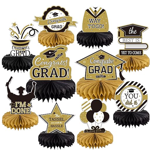 10PCS Graduation Decorations Class of 2025 Centerpieces, Congrats Grad Honeycomb Table Toppers for Graduation Party Favors, 2026 Graduation Party Decorations (10PCS, Gold & Black)