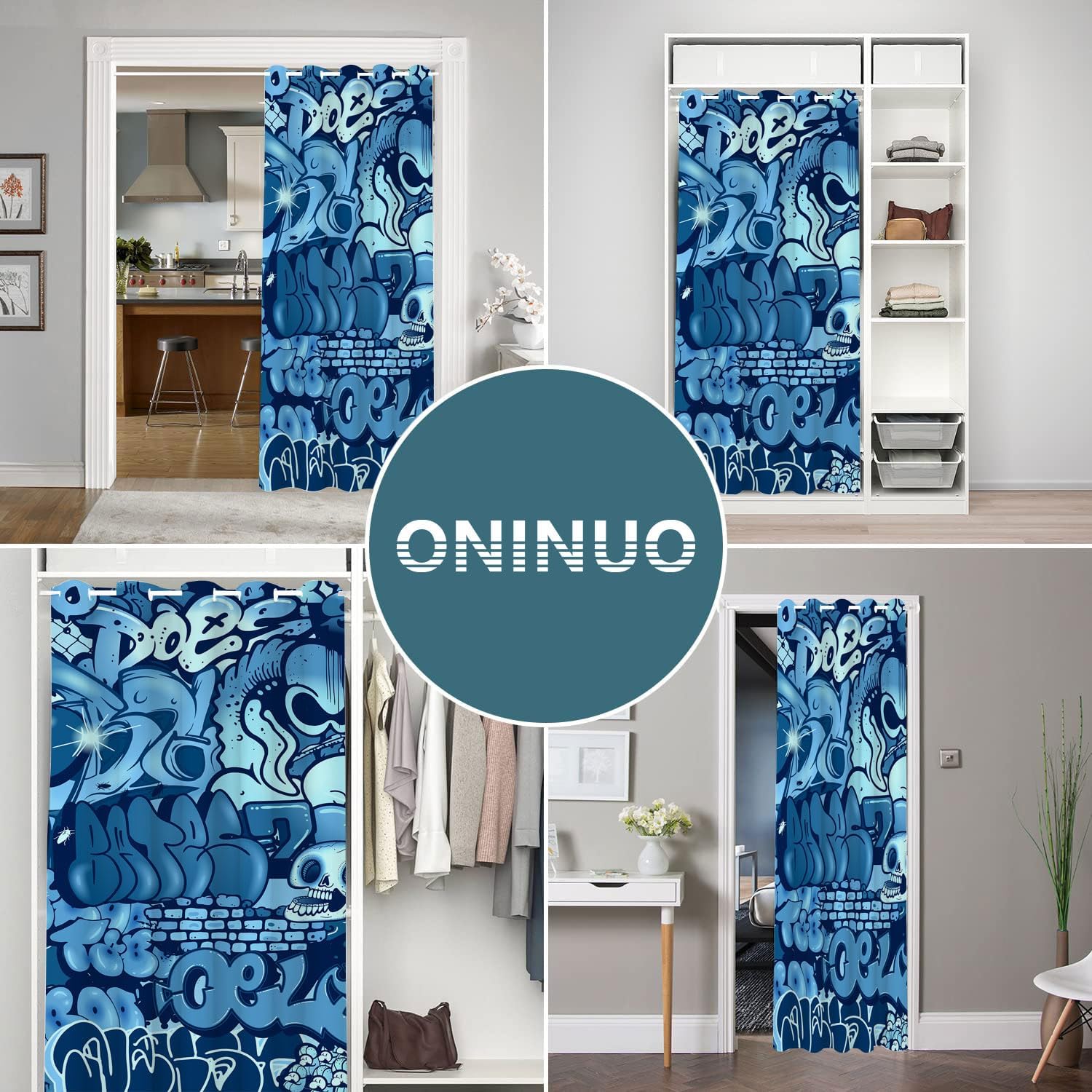Graffiti Door Curtains for Doorways, Modern Abstract Art Hip Hop Street Blue Blackout Curtain for Kids Bedroom Closet, Grommet Thermal Insulated Privacy Door Drapes for Room Divider, 42"W x 80"L