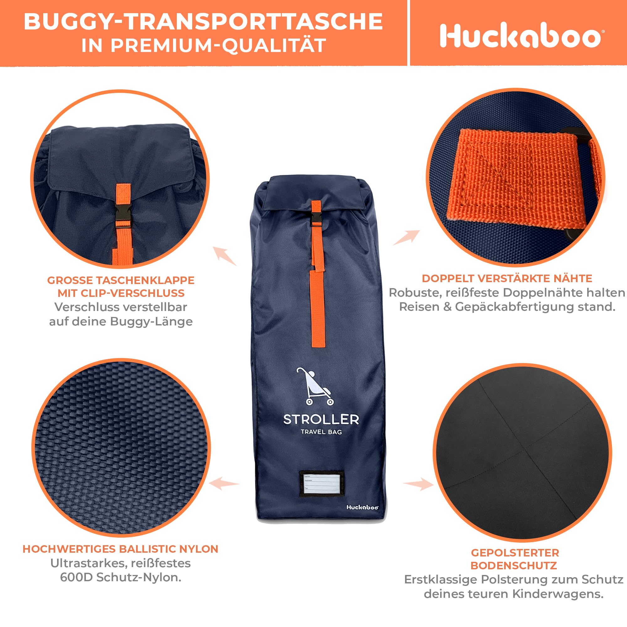 Huckaboo Buggy-Transporttasche – Robuste Buggy-Tasche fürs Flugzeug, Reisetasche für Klappbuggys & Schirmbuggys, Dunkelblau