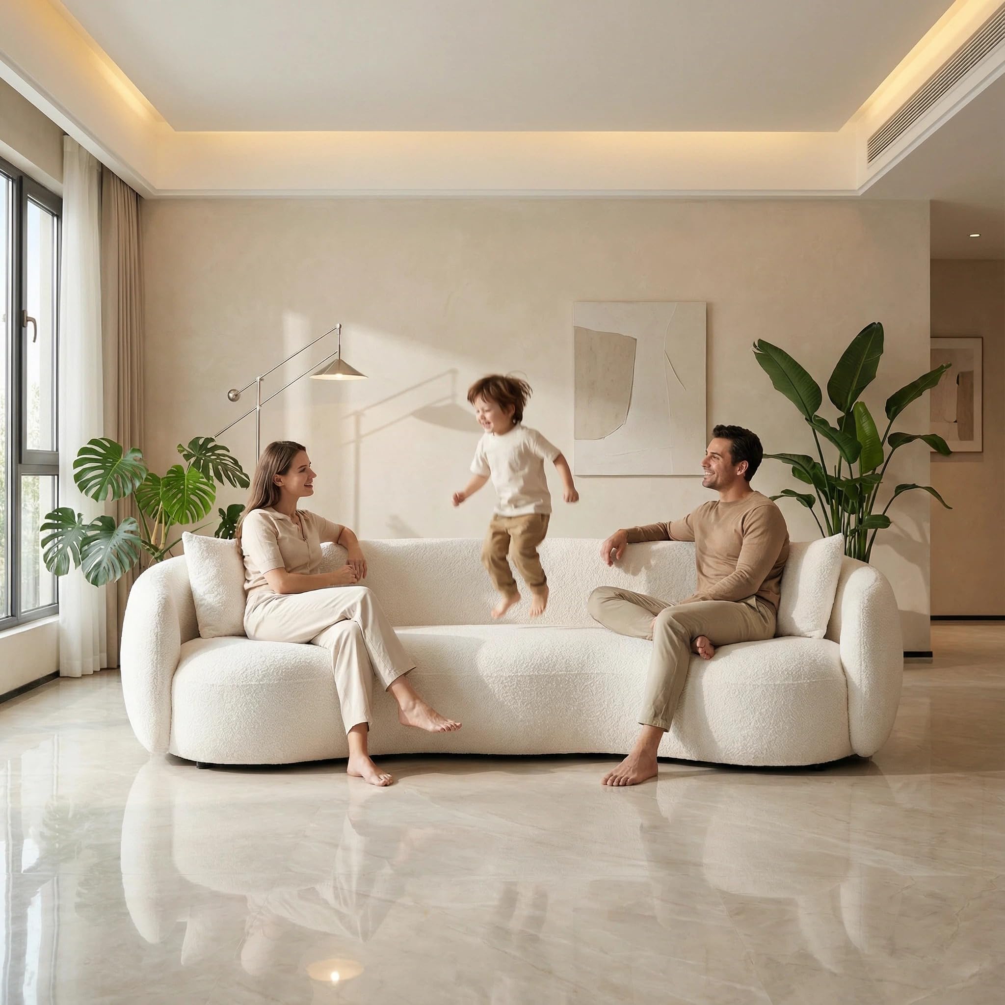 SSC SATITUNCASA 93.6'' Modern Boucle Curved Sofa for Living Room, Luxury Modern Comfy Curved Couch for Apartment, Reception Place, 4 Seater Cloud