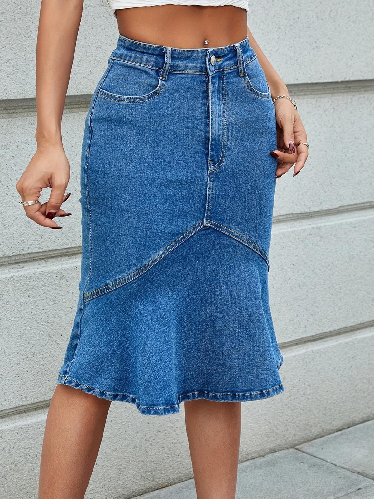 Gonna Midi in Denim A Coda di Pesce da Donna,Gonne in Jeans Lavati